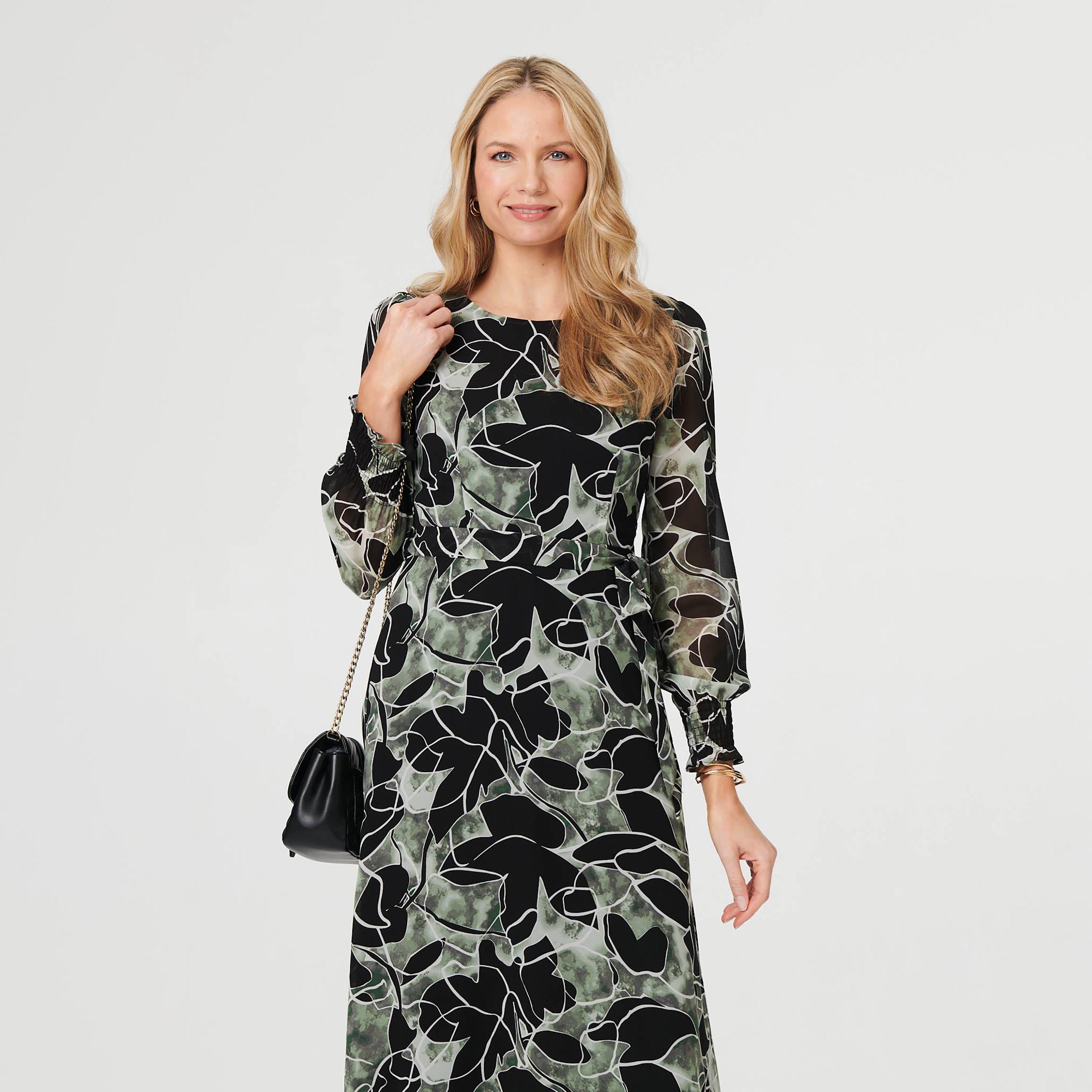 Izabel London Green Abstract Floral Bishop Sleeves Women's Midi Dress-women-clothing-dresses-image-2