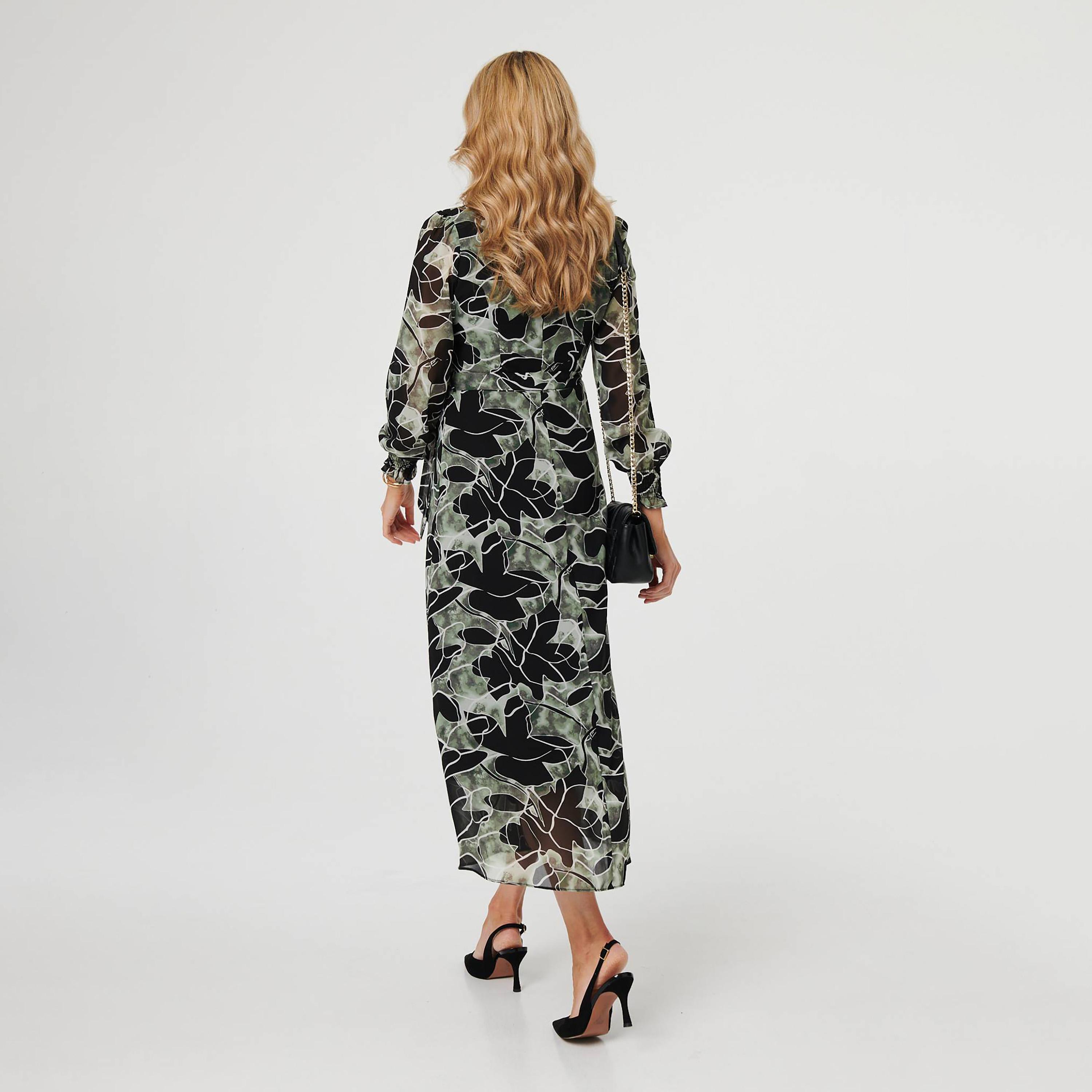 Izabel London Green Abstract Floral Bishop Sleeves Women's Midi Dress-women-clothing-dresses-image-3