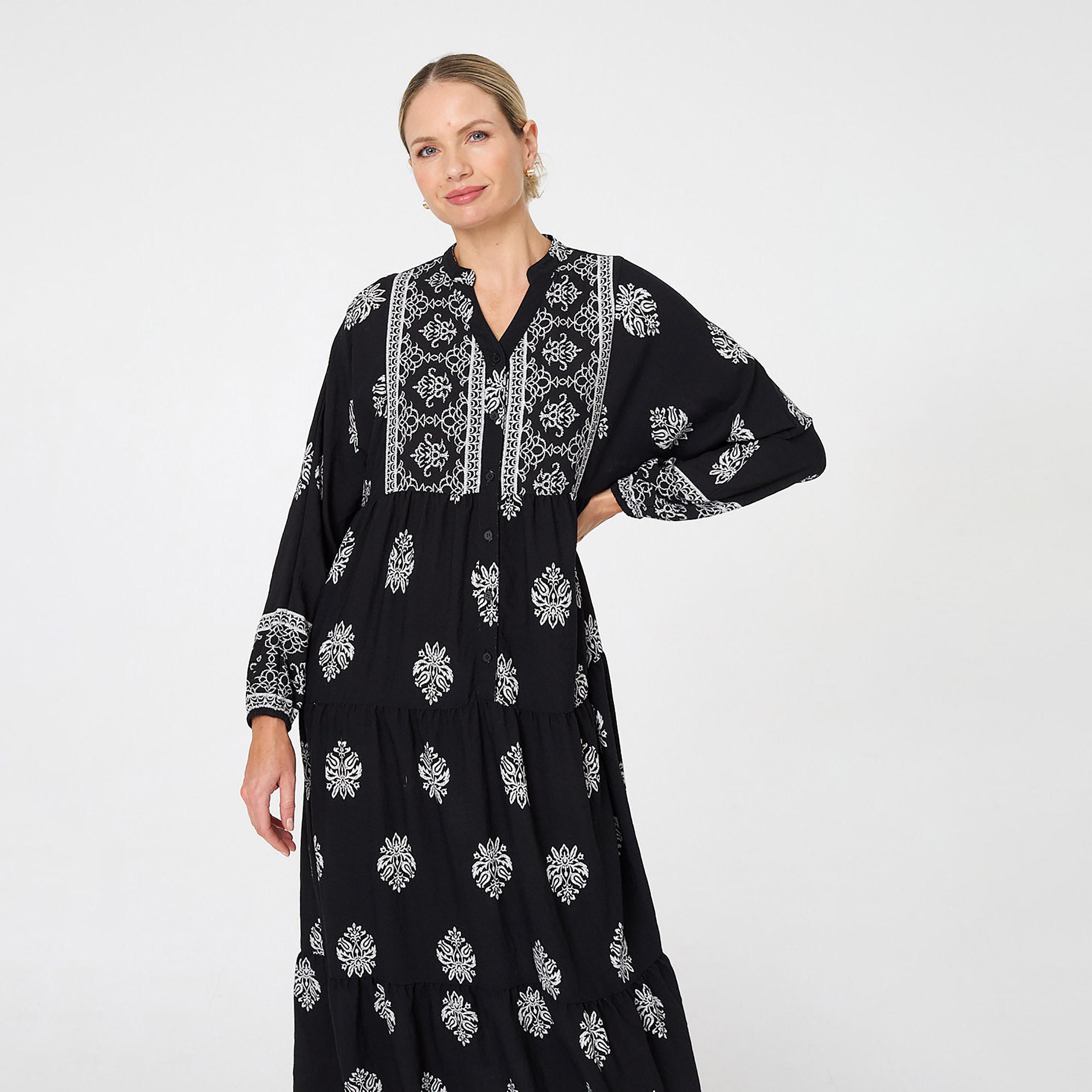 Izabel London Black Block Print Mandarin Collar Tiered Women's Maxi Dress-women-clothing-dresses-image-2