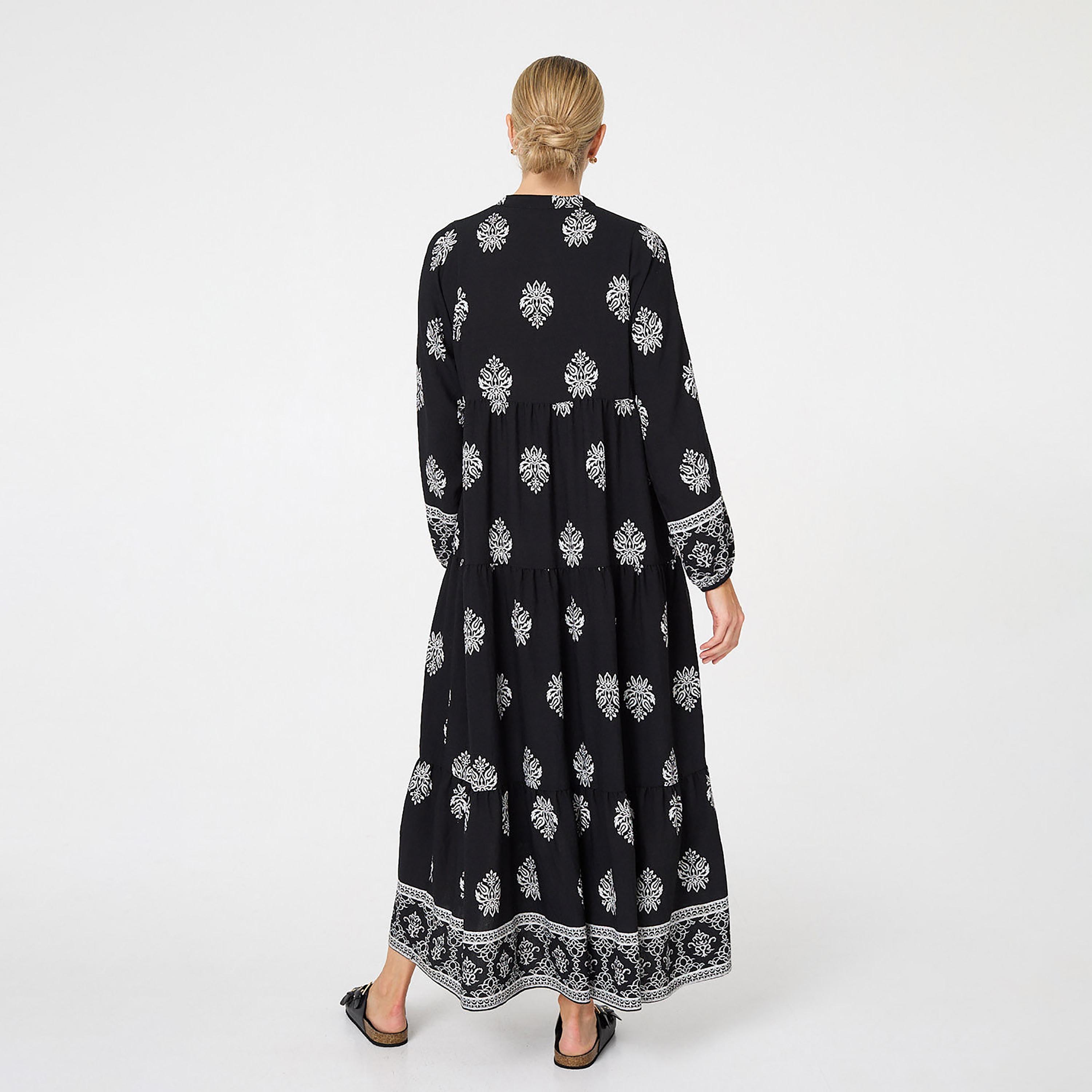 Izabel London Black Block Print Mandarin Collar Tiered Women's Maxi Dress-women-clothing-dresses-image-3