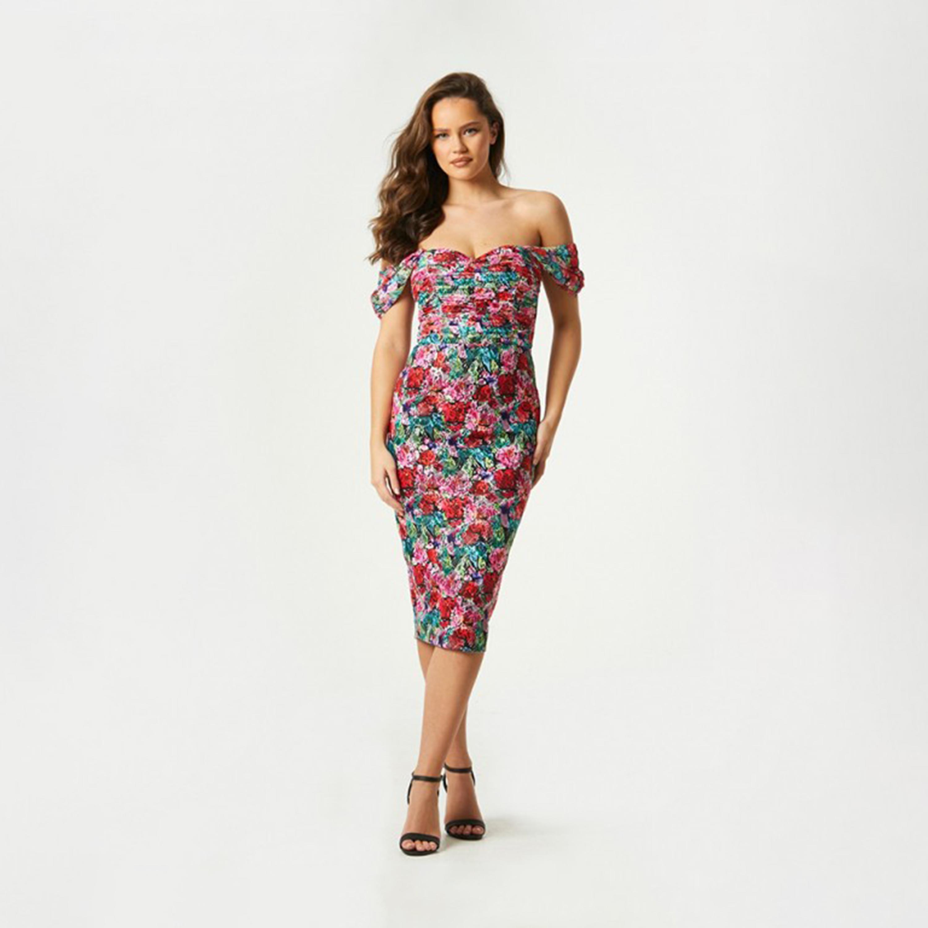 Little Mistress Multicolour Floral Off Shoulder Bodycon Midi Dress-women-clothing-dresses-image-2