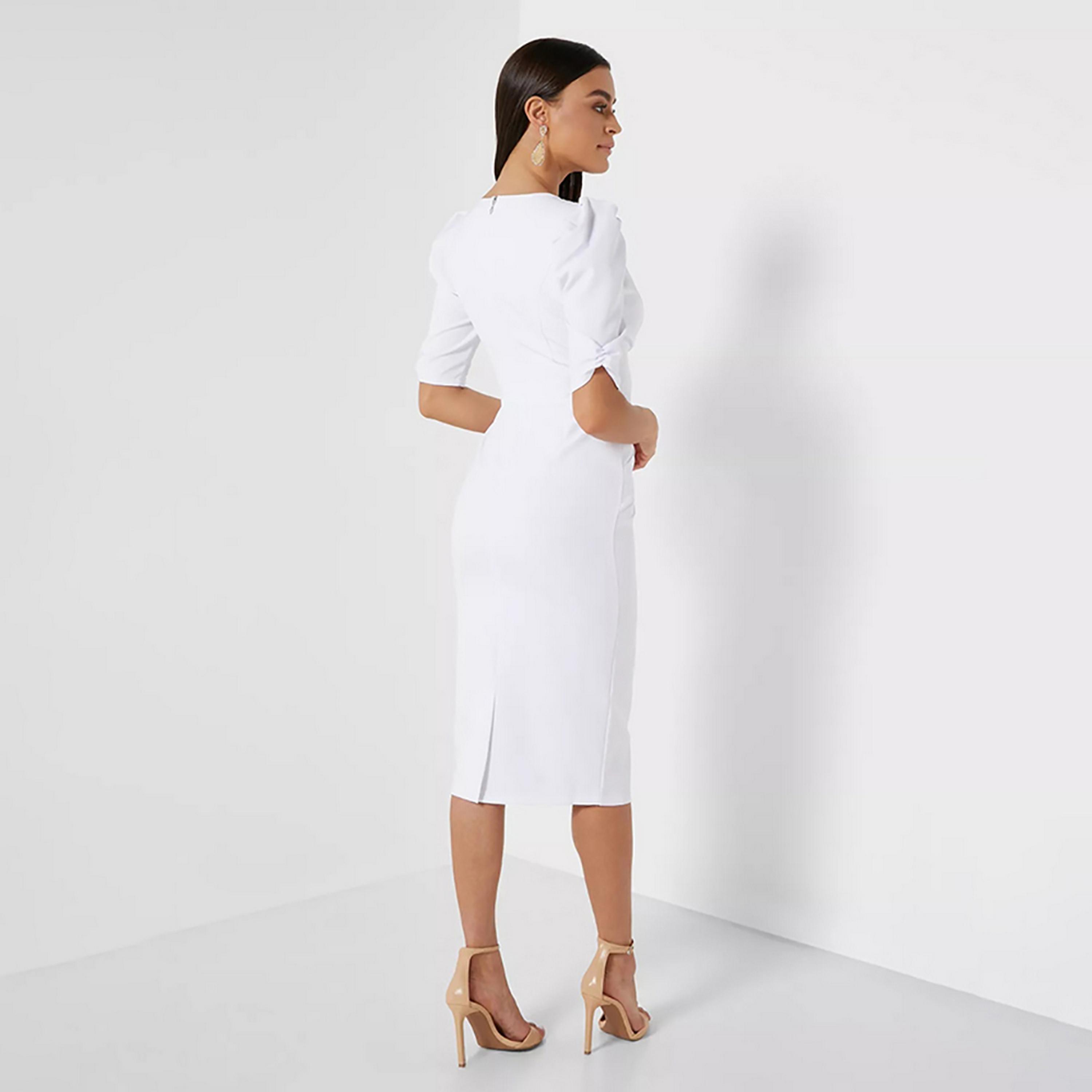 Little Mistress White Plain Keyhole Neck Puff Sleeves Bodycon Midi Women's Dress-women-clothing-dresses-image-2