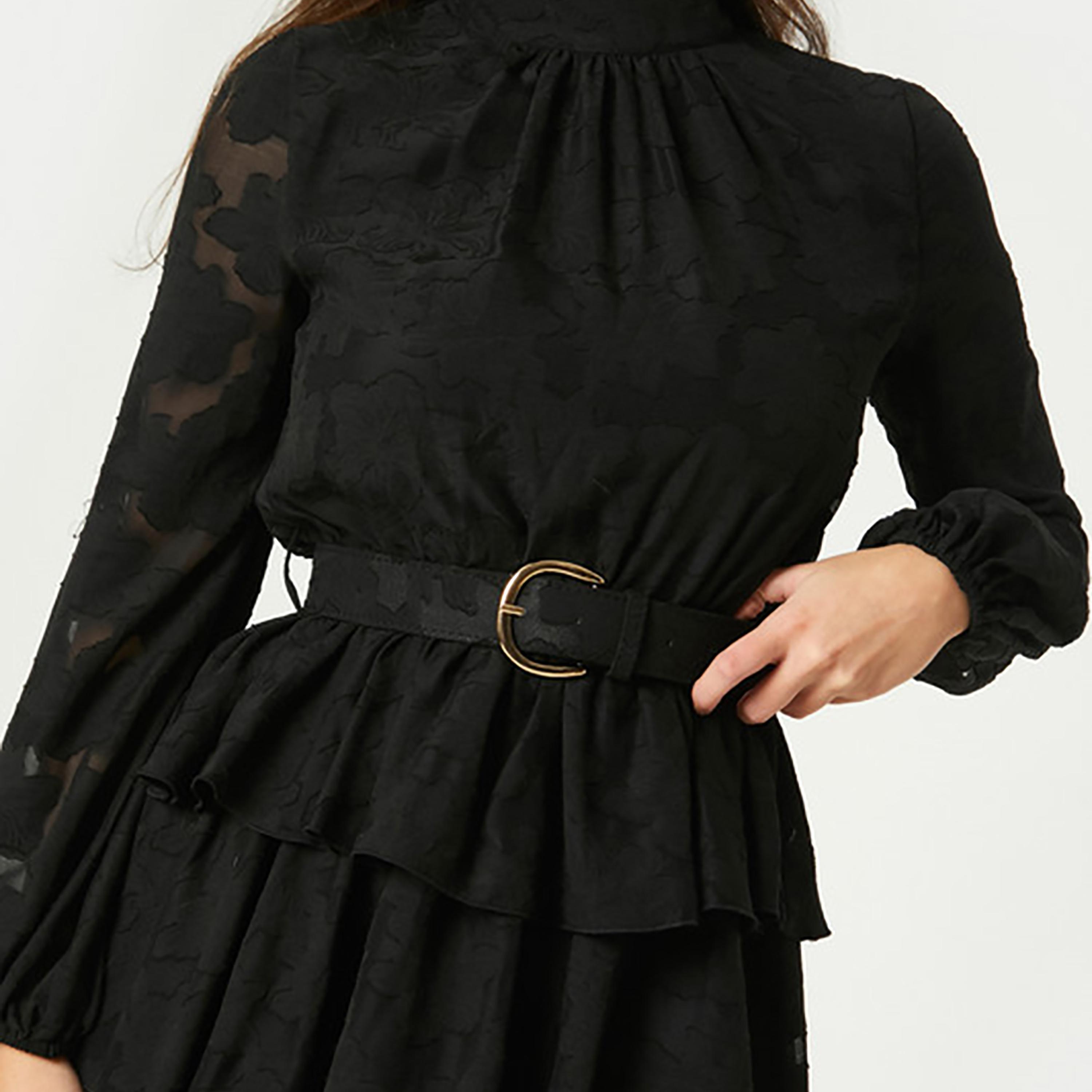 Little Mistress Black Self-Design Mock Neck Layered Mini Women's Dress-women-clothing-dresses-image-2
