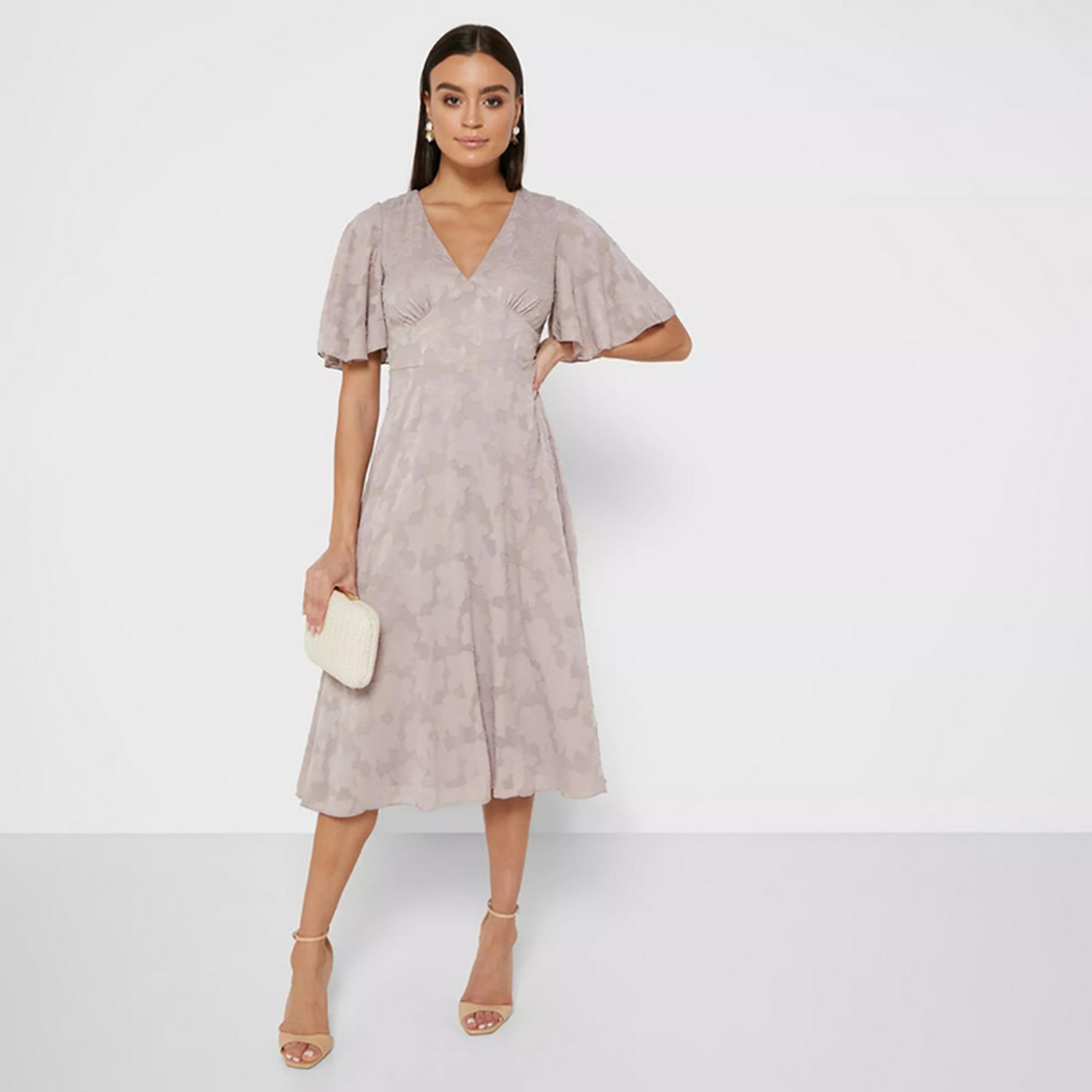 Little Mistress Pink Self-Design Plunge Neck Flared Sleeves A-Line Midi Women's Dress-women-clothing-dresses-image-1