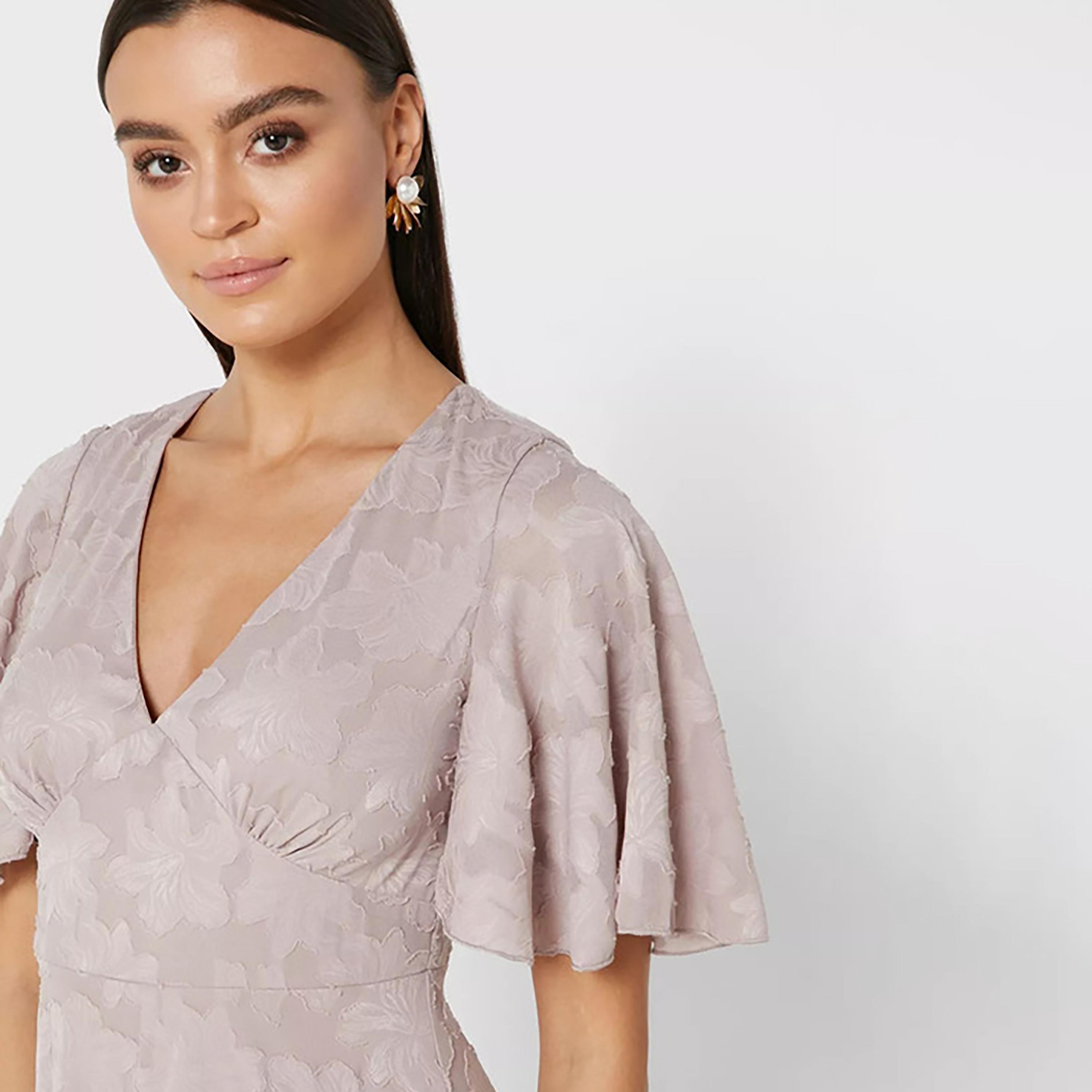 Little Mistress Pink Self-Design Plunge Neck Flared Sleeves A-Line Midi Women's Dress-women-clothing-dresses-image-2