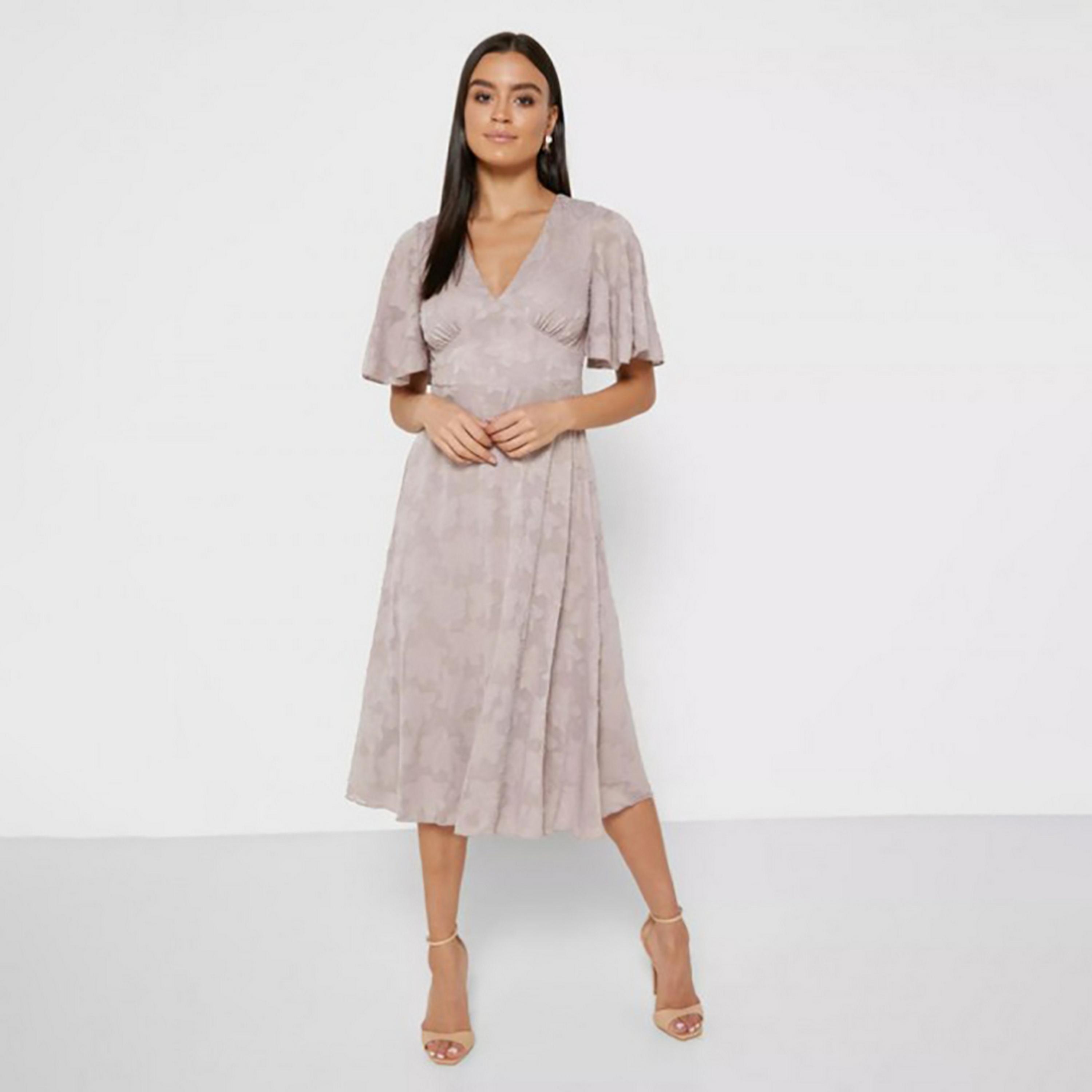 Little Mistress Pink Self-Design Plunge Neck Flared Sleeves A-Line Midi Women's Dress-women-clothing-dresses-image-3