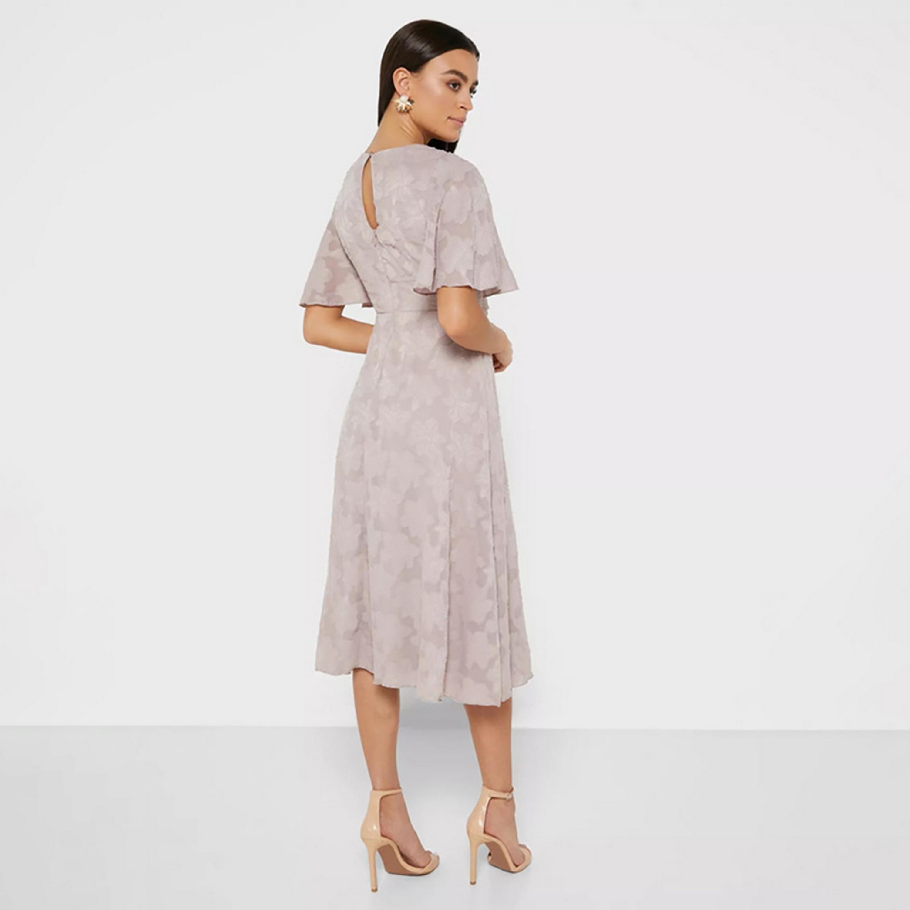 Little Mistress Pink Self-Design Plunge Neck Flared Sleeves A-Line Midi Women's Dress-women-clothing-dresses-image-4