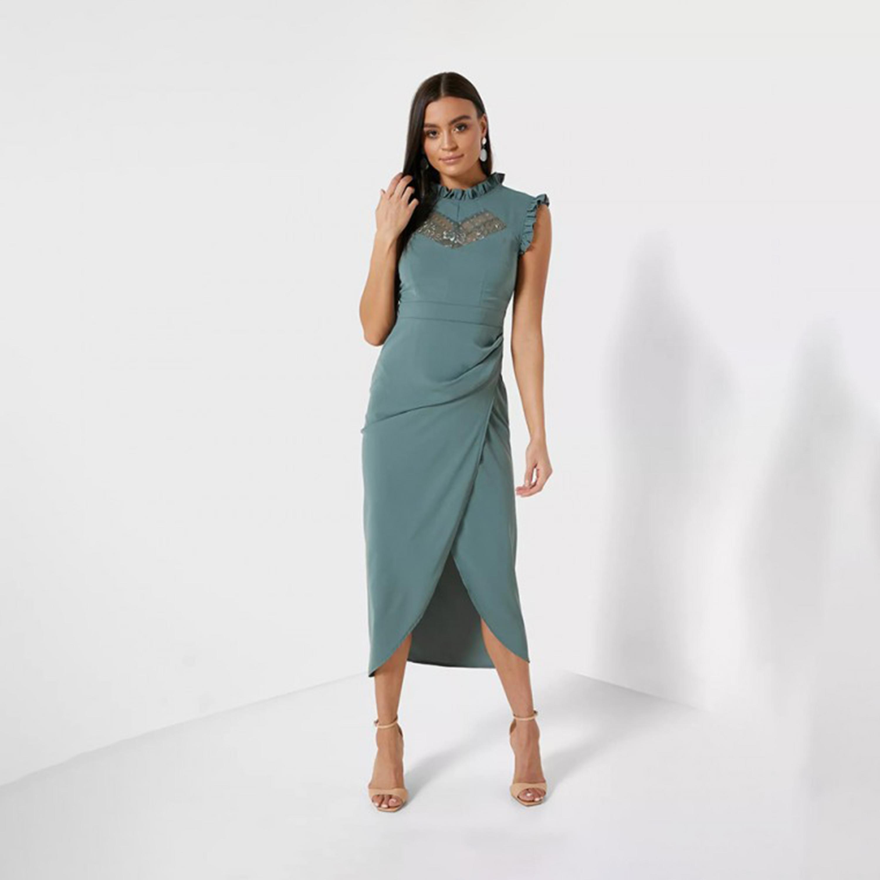 Little Mistress Green Lace Ruffled Neck Midi Dress-women-clothing-dresses-image-1