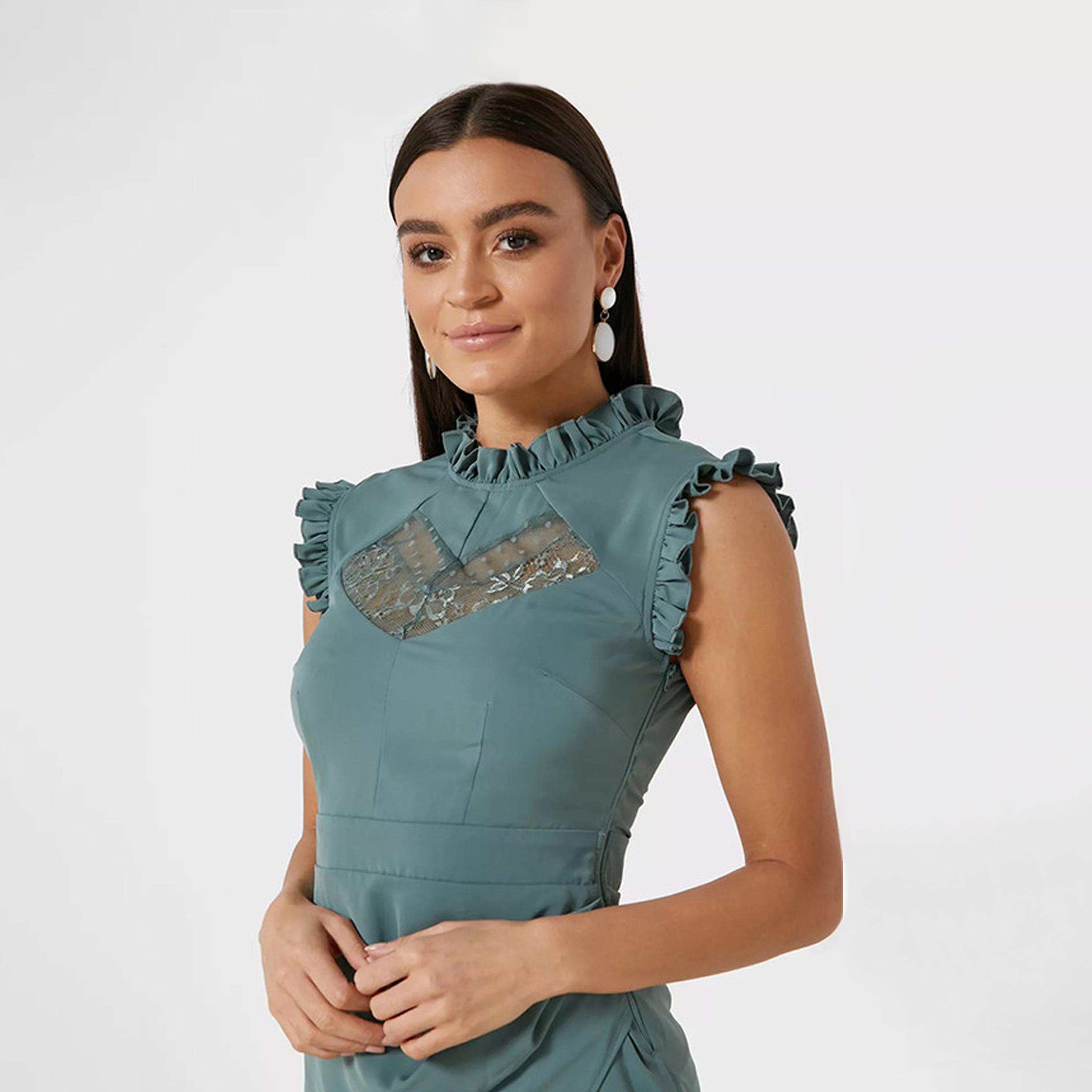 Little Mistress Green Lace Ruffled Neck Midi Dress-women-clothing-dresses-image-2