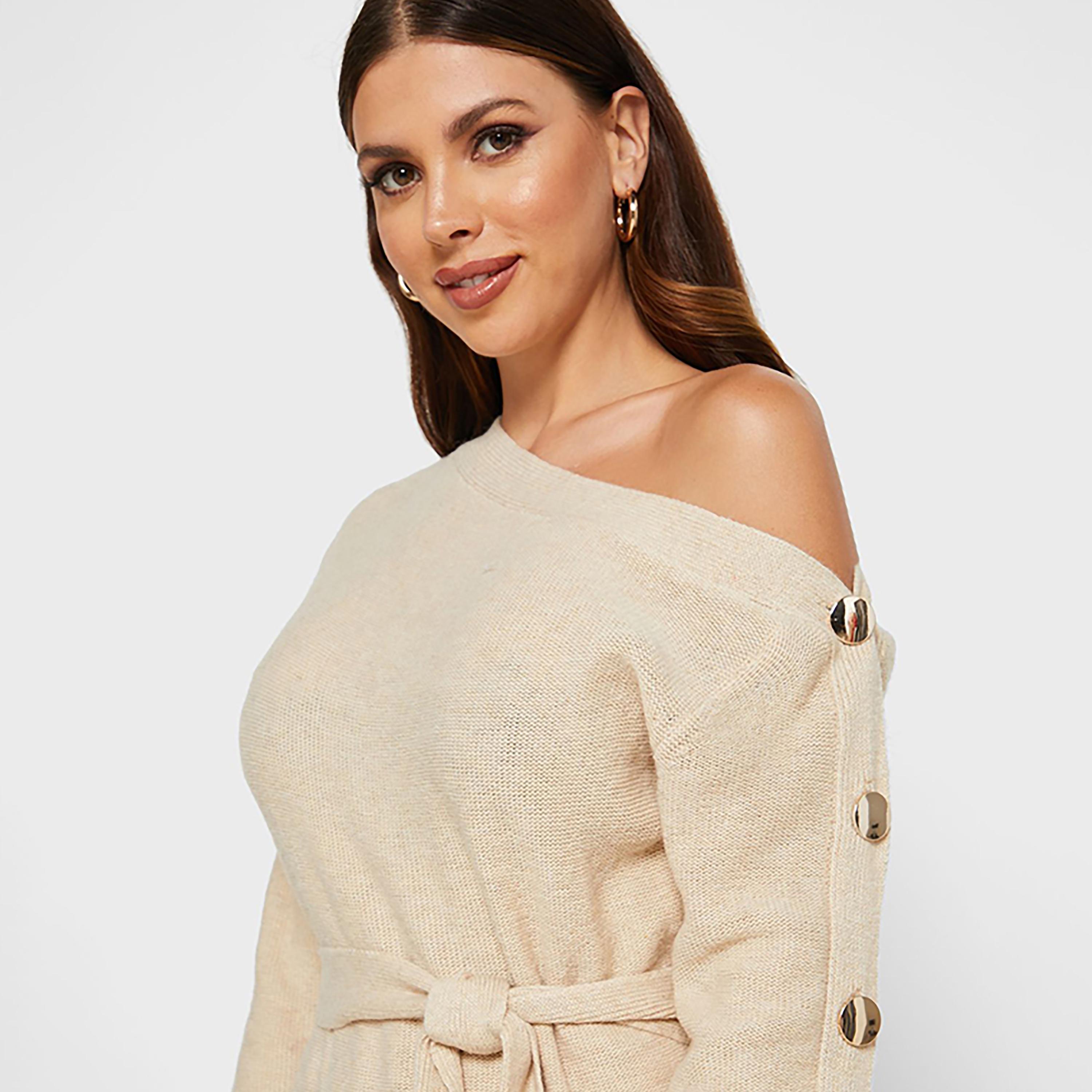 Little Mistress Beige Plain One Shoulder Sweater Knee Length Women's Dress-women-clothing-dresses-image-2