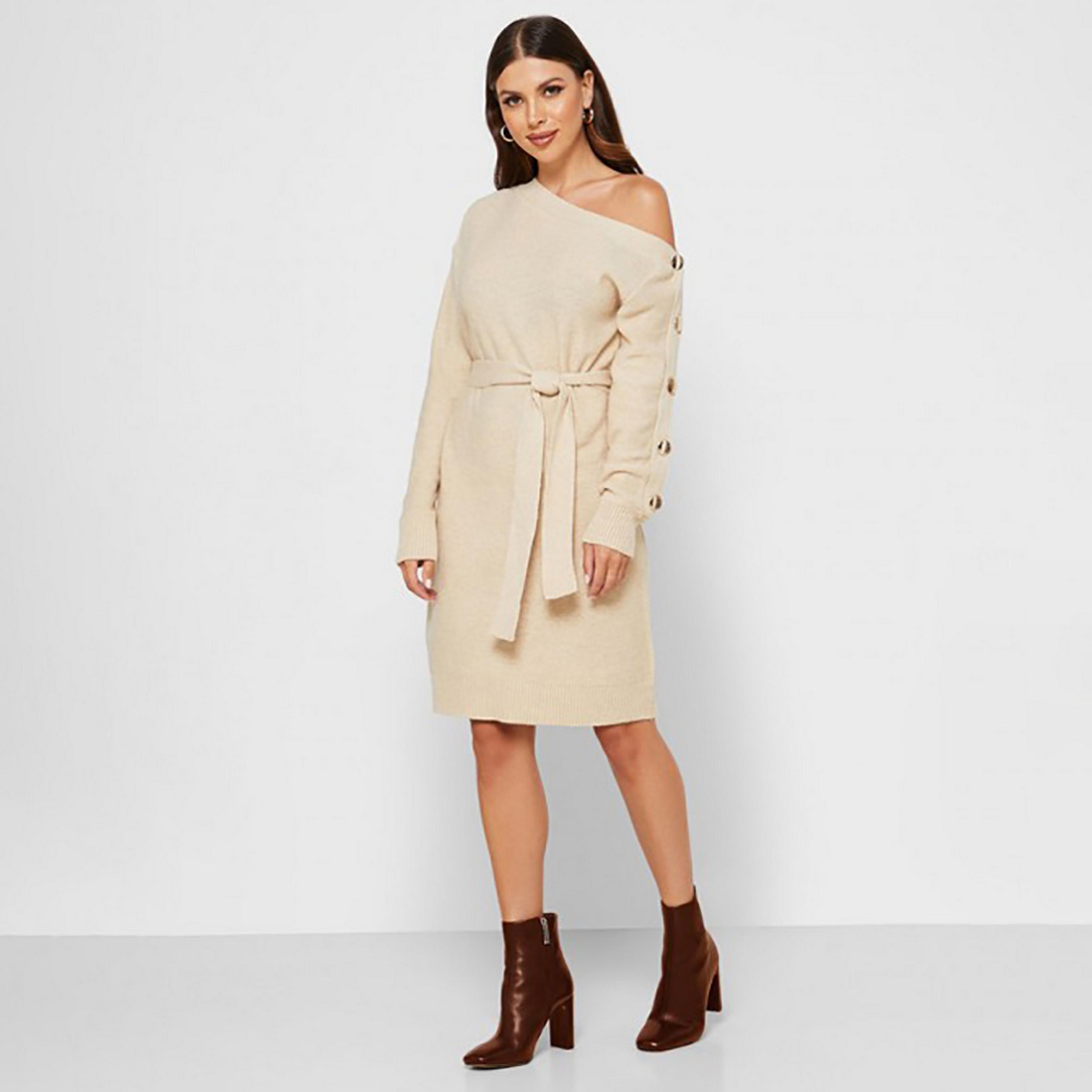 Little Mistress Beige Plain One Shoulder Sweater Knee Length Women's Dress-women-clothing-dresses-image-3