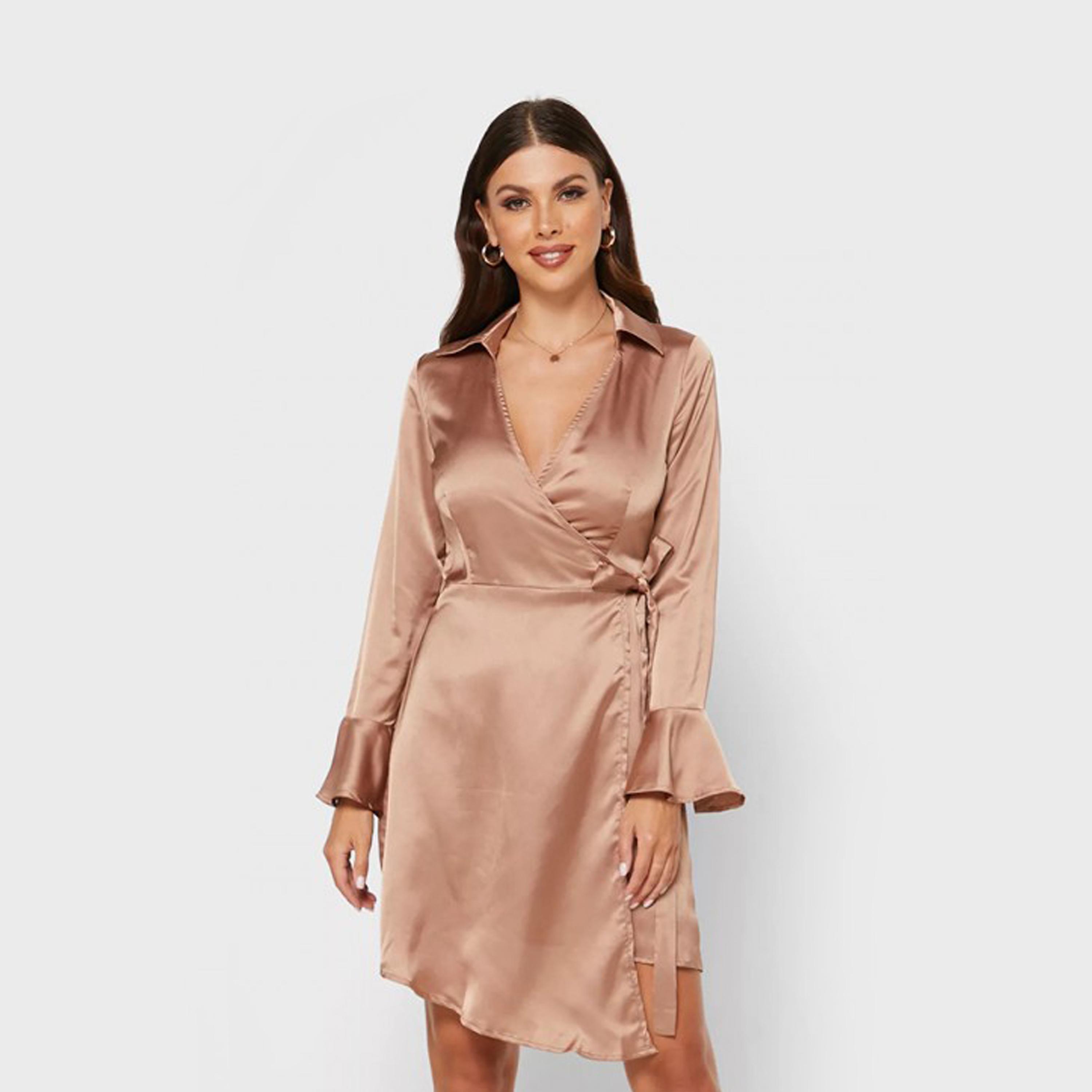 فستان وردي بياقة قميص ملفوف قصير من ليتل ميسترس -women-clothing-dresses-image-1