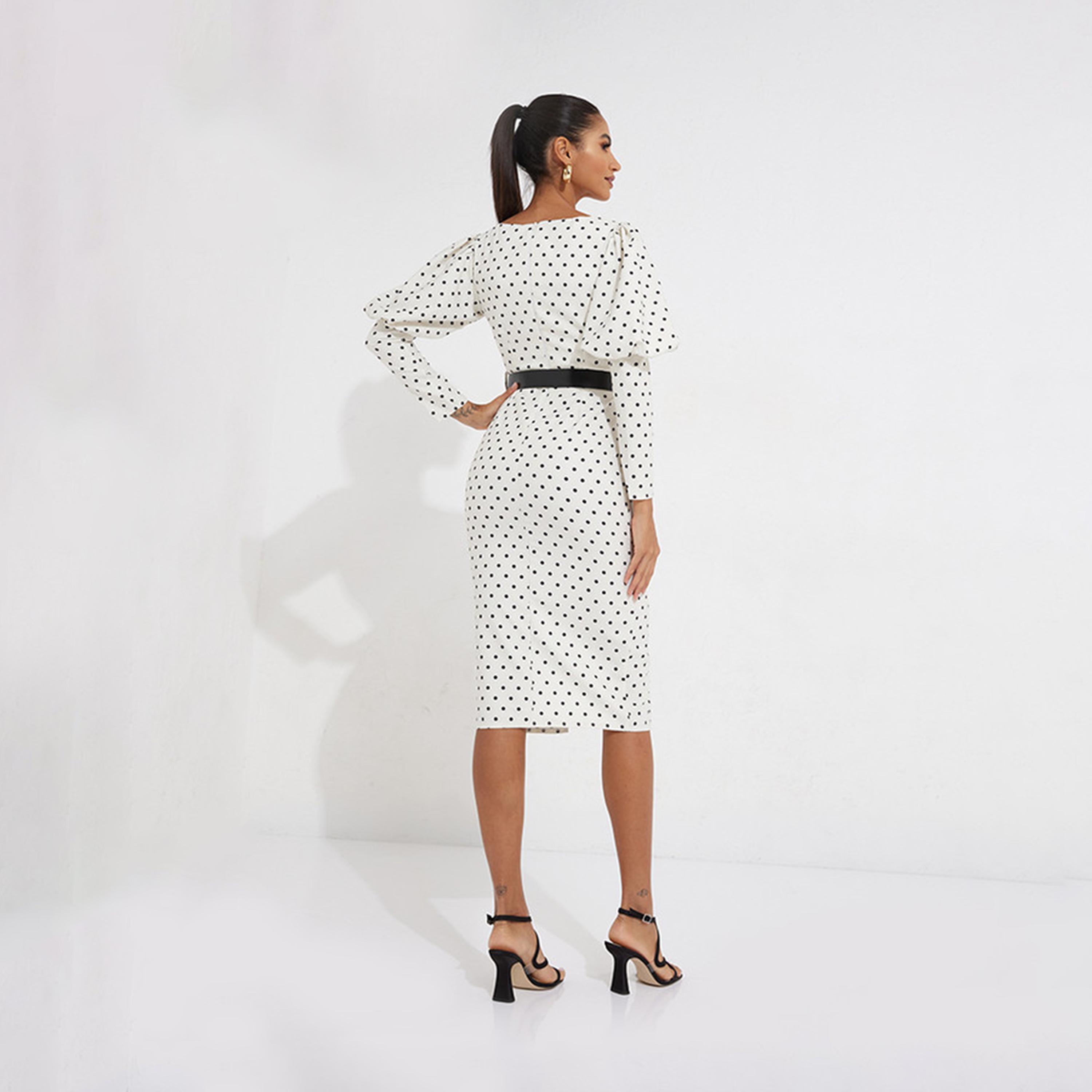 ليتل مسترس- فستان منقط متوسط الطول ياقة على شكل V أكمام طويلة-women-clothing-dresses-image-4