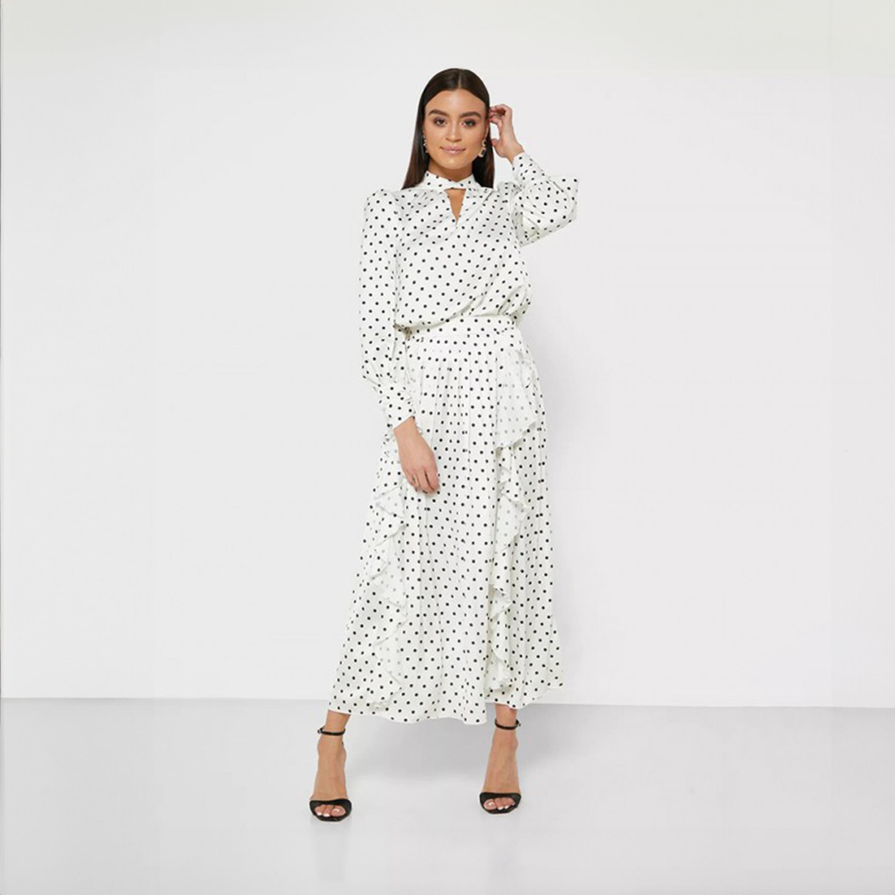 ليتل مسترس- فستان متوسط الطول كشكش منقط أكمام طويلة-women-clothing-dresses-image-1