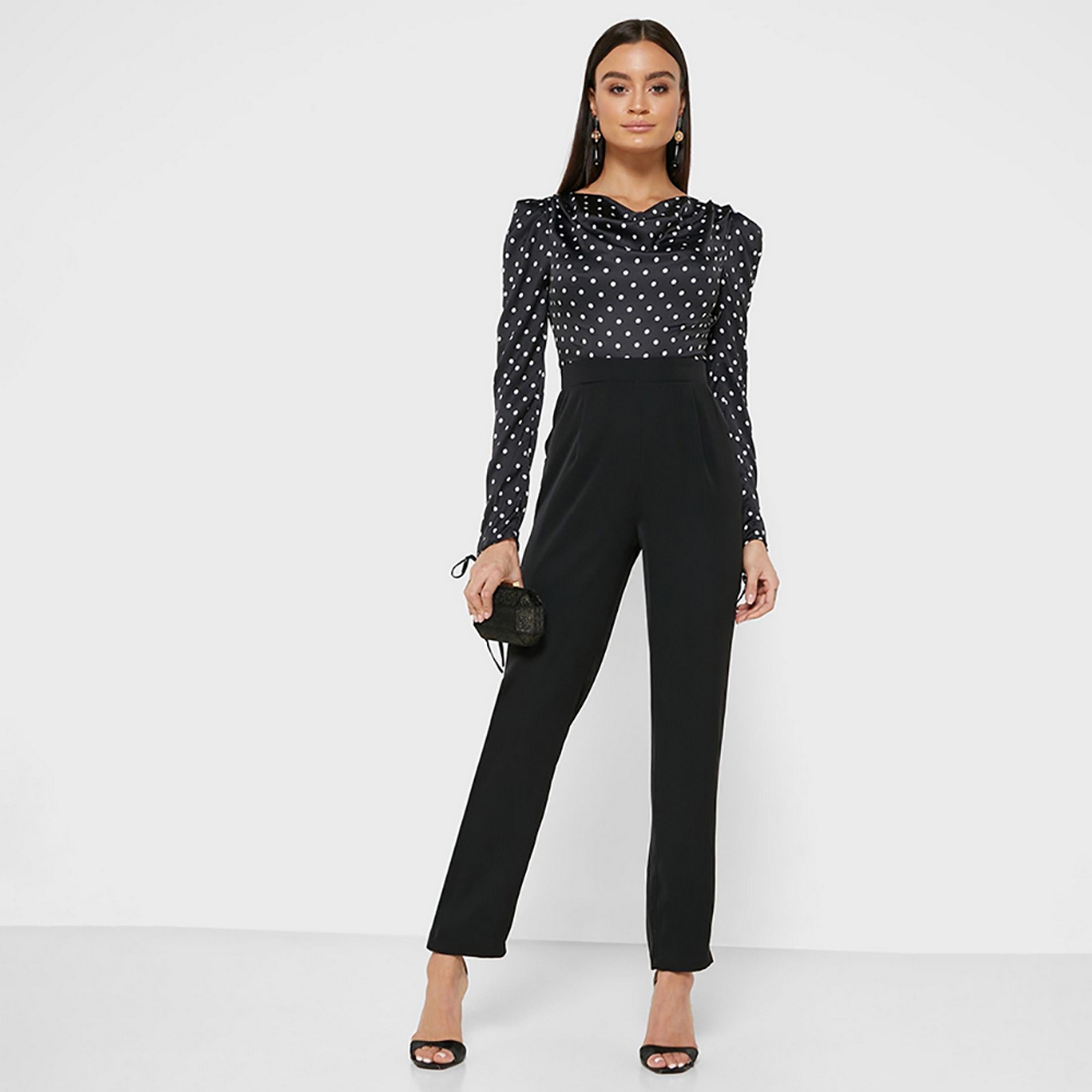 Little Mistress Black Polka Dots Cowl Neck Puff Sleeves Women's Jumpsuit-women-clothing-jumpsuits-image-1