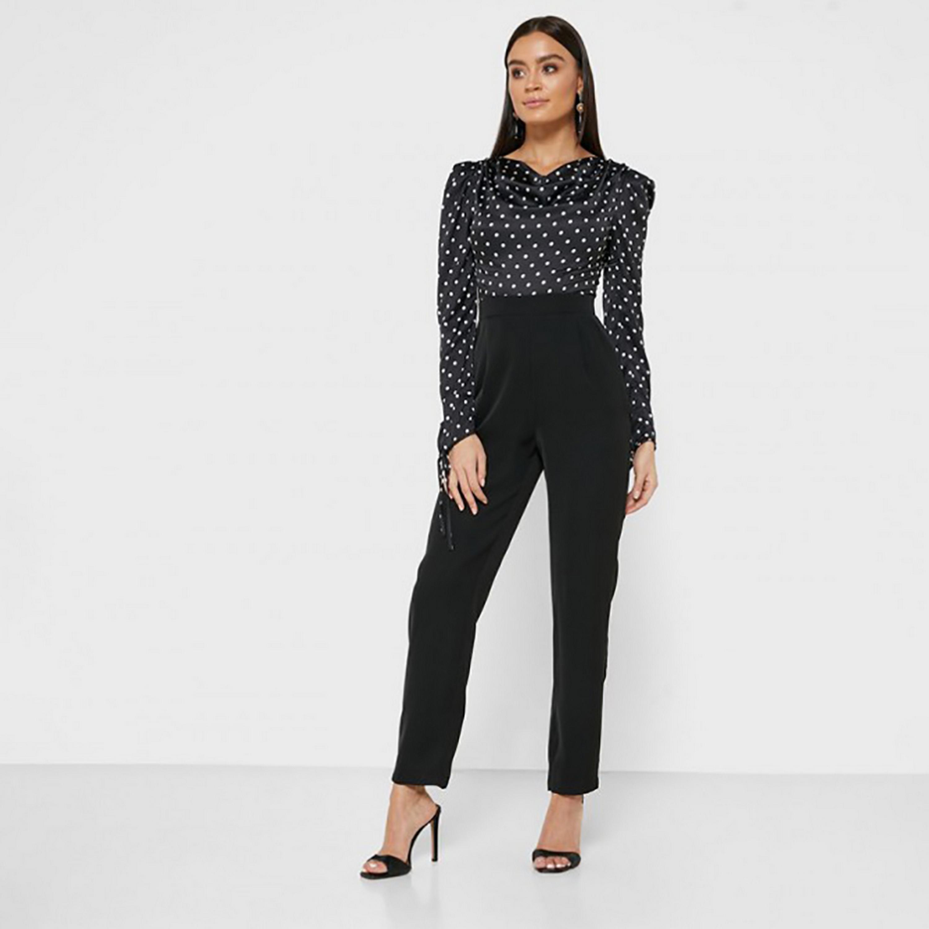 Little Mistress Black Polka Dots Cowl Neck Puff Sleeves Women's Jumpsuit-women-clothing-jumpsuits-image-2