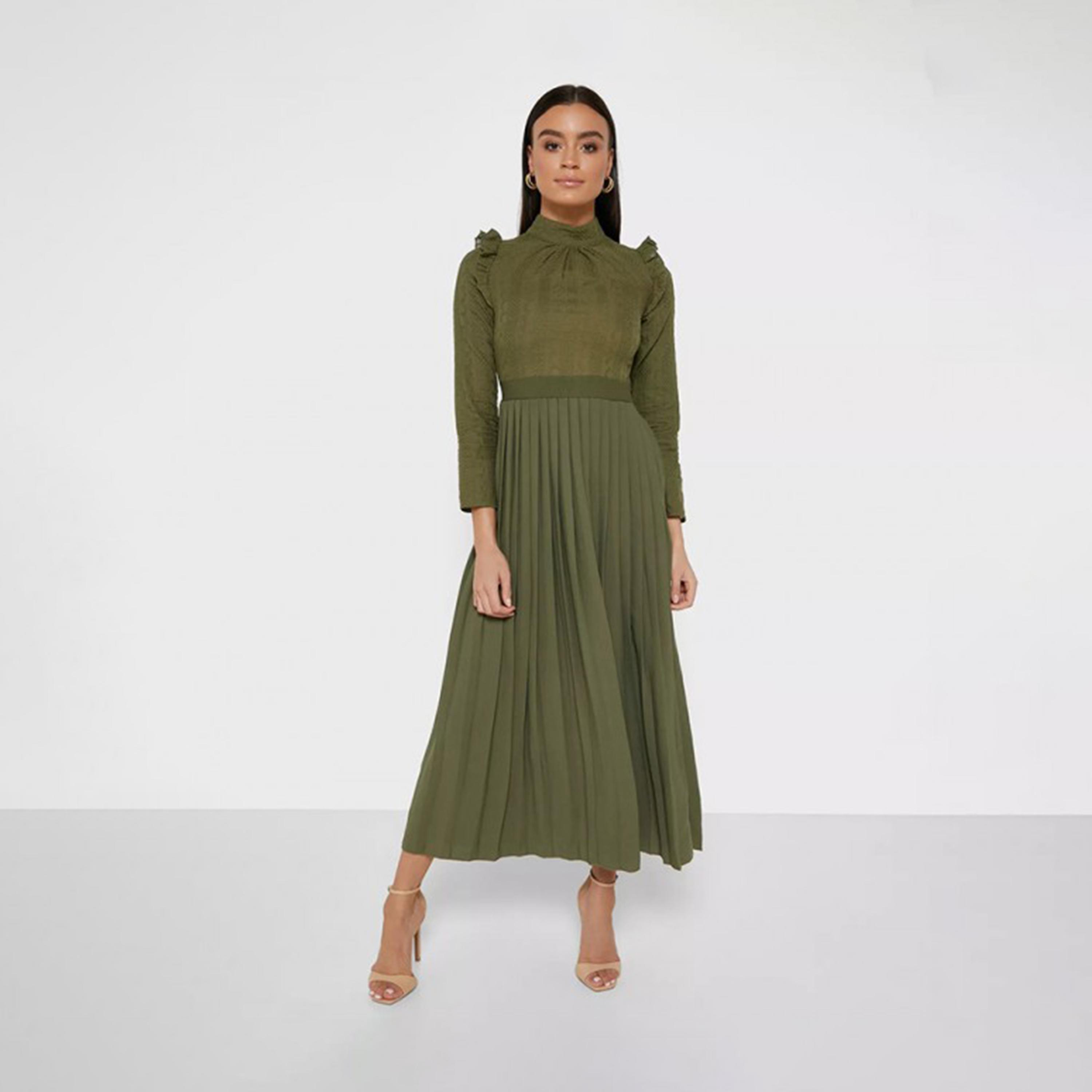 Little Mistress Embroidered High Neck Pleated Midi Dress with Long Sleeves-women-clothing-dresses-image-1