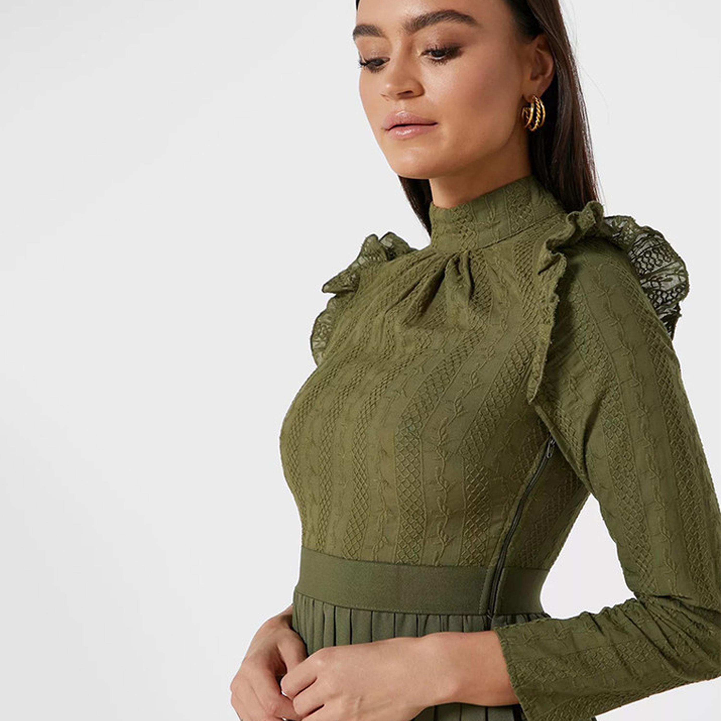 Little Mistress Embroidered High Neck Pleated Midi Dress with Long Sleeves-women-clothing-dresses-image-2