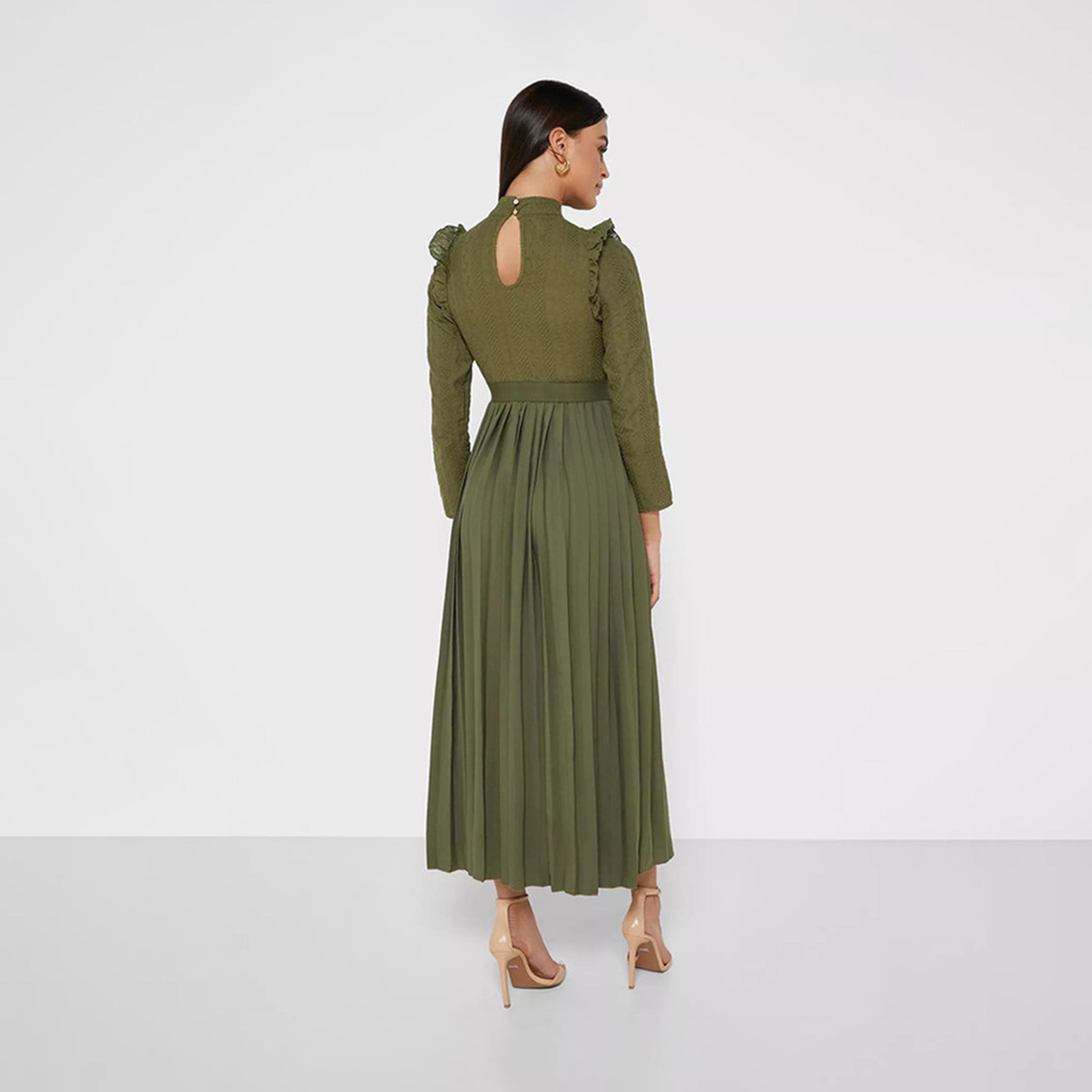 Little Mistress Embroidered High Neck Pleated Midi Dress with Long Sleeves-women-clothing-dresses-image-3