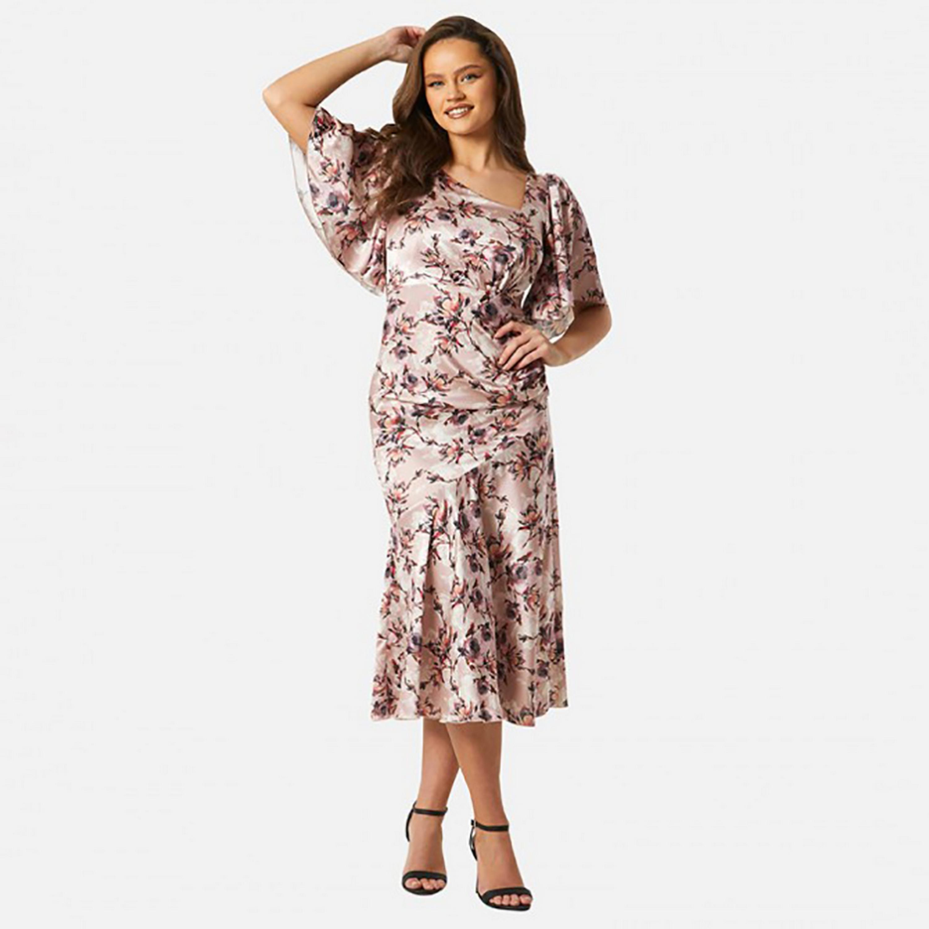 Little Mistress Beige Floral Asymmetric Neck Fit and Flared Midi Women's Dress-women-clothing-dresses-image-1