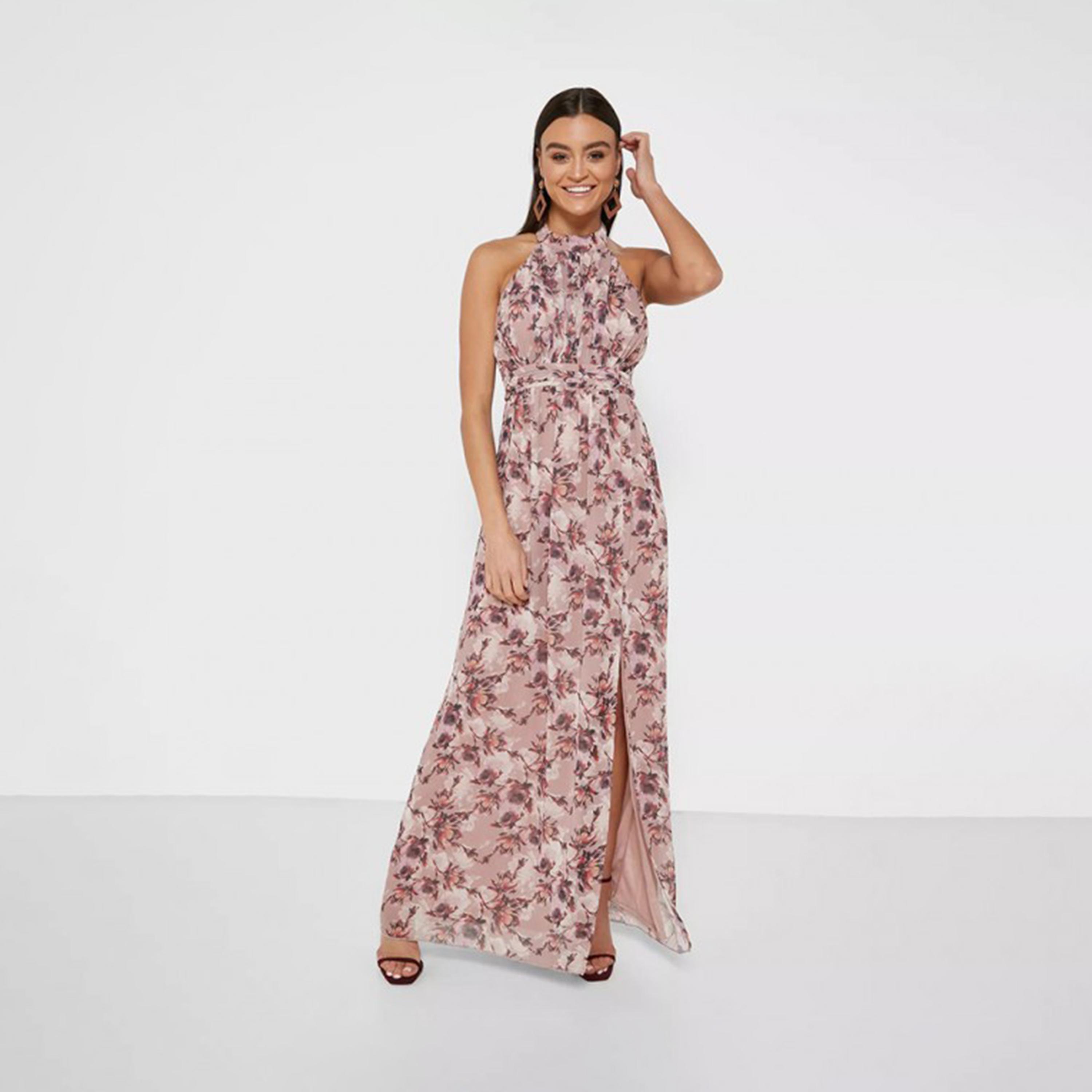 فستان ماكسي بفتحة ذو رقبة ھالتر بنقشة زهور وردي من ليتل ميستريس -women-clothing-dresses-image-1