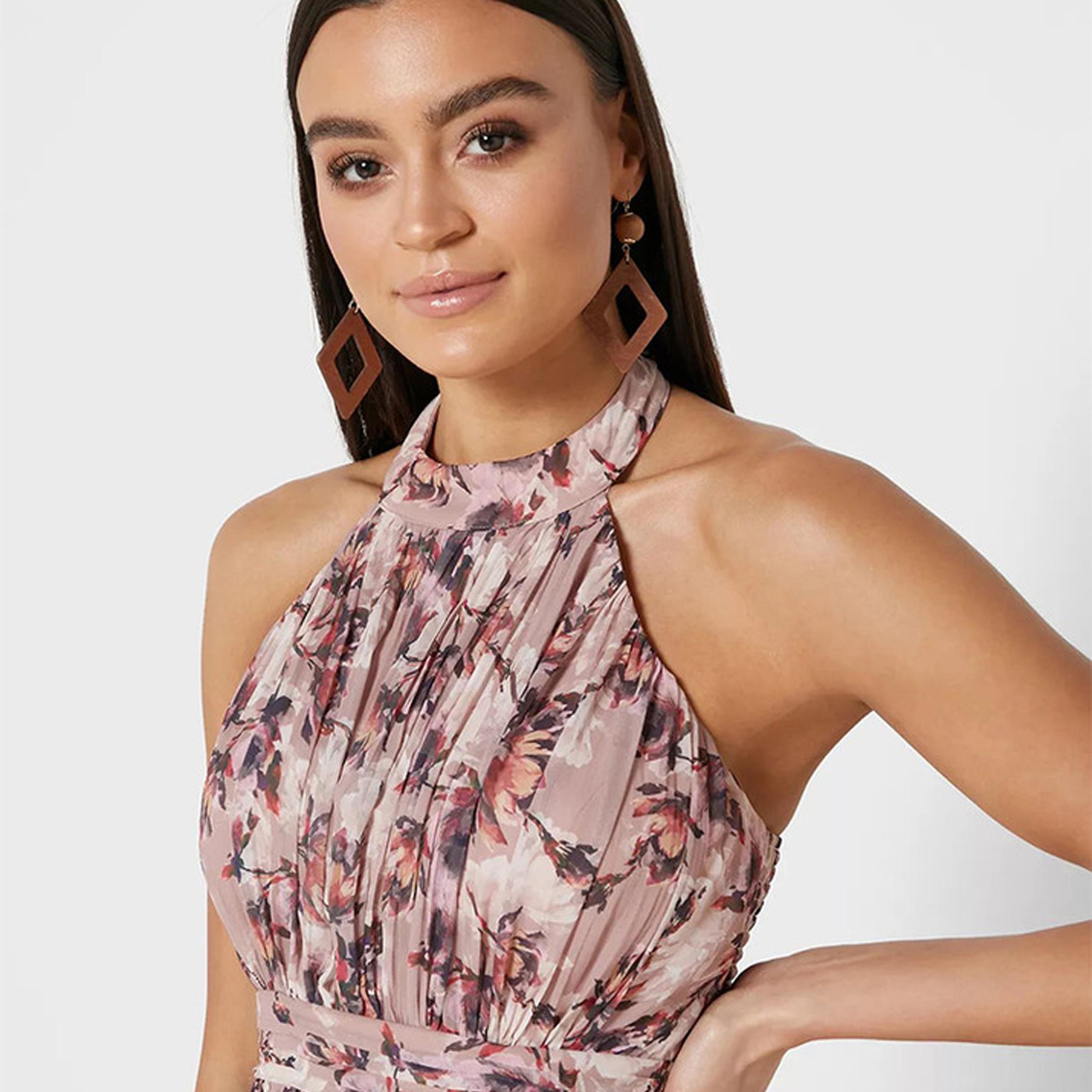 فستان ماكسي بفتحة ذو رقبة ھالتر بنقشة زهور وردي من ليتل ميستريس -women-clothing-dresses-image-2