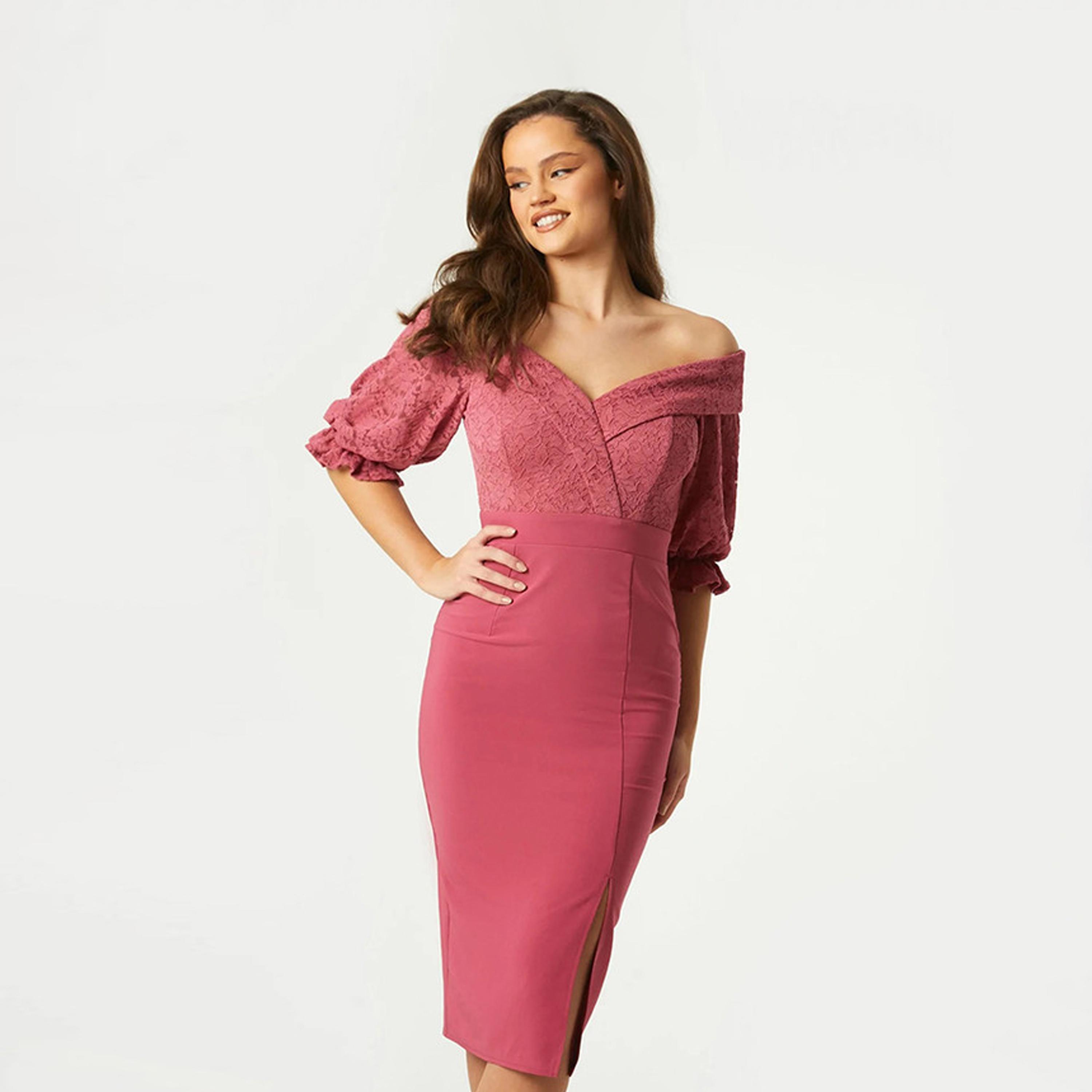 فستان ميدي بوديكون ذو دانتيل بلون وردي من ليتل ميسترس -women-clothing-dresses-image-1