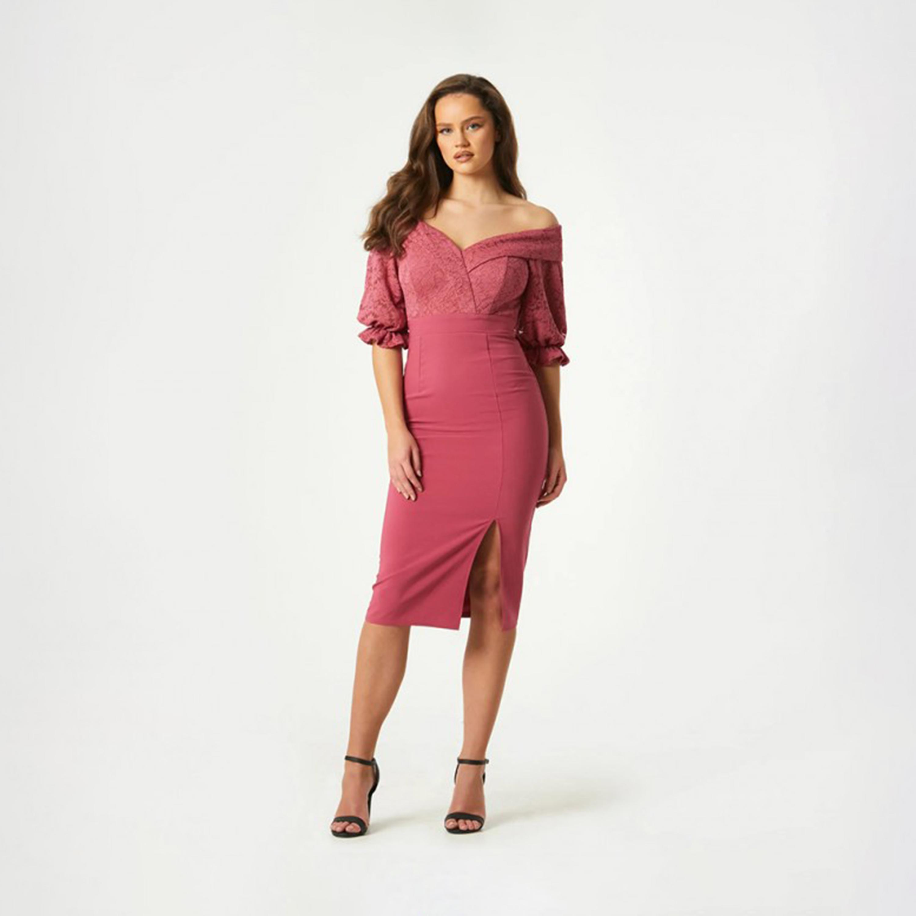 فستان ميدي بوديكون ذو دانتيل بلون وردي من ليتل ميسترس -women-clothing-dresses-image-2