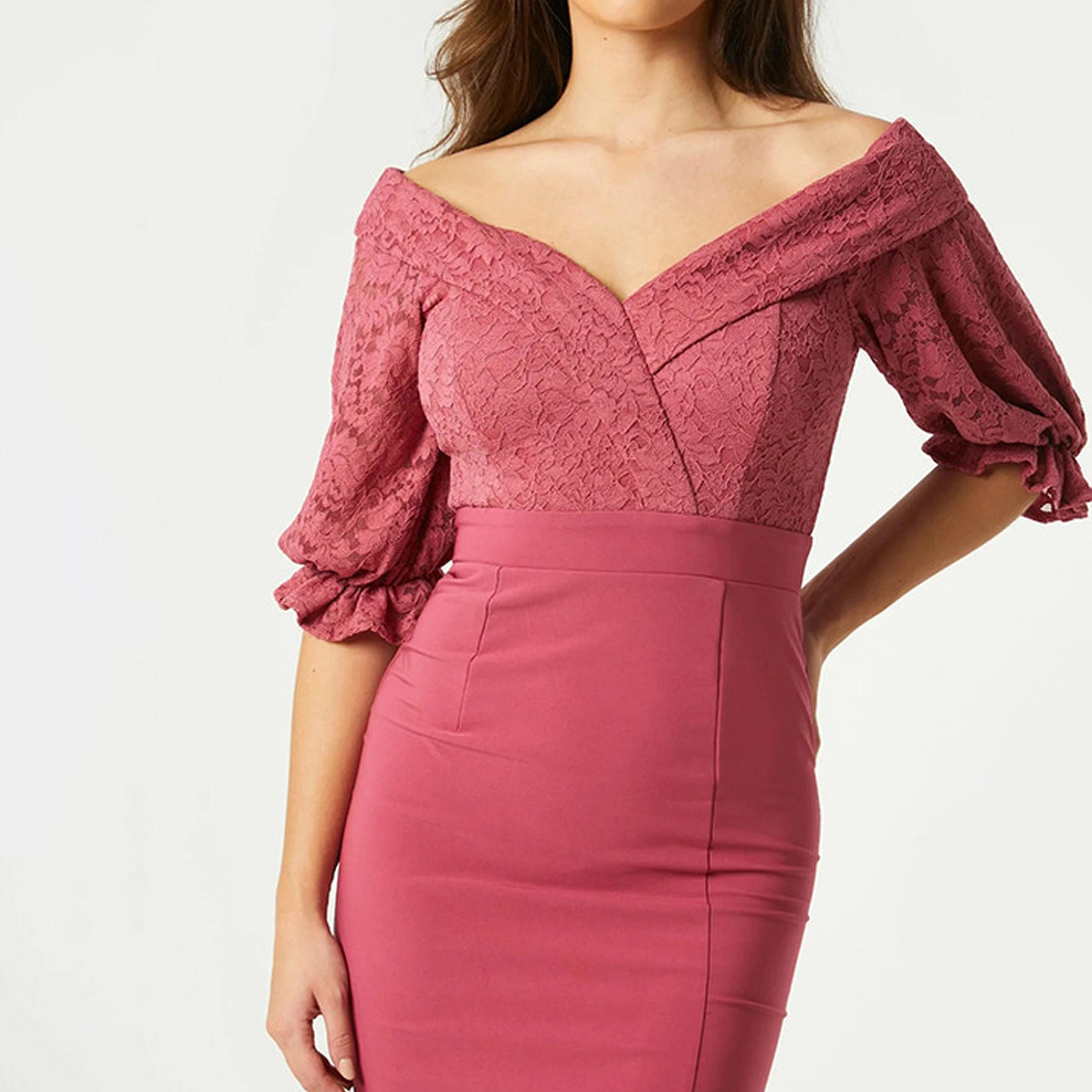 فستان ميدي بوديكون ذو دانتيل بلون وردي من ليتل ميسترس -women-clothing-dresses-image-3