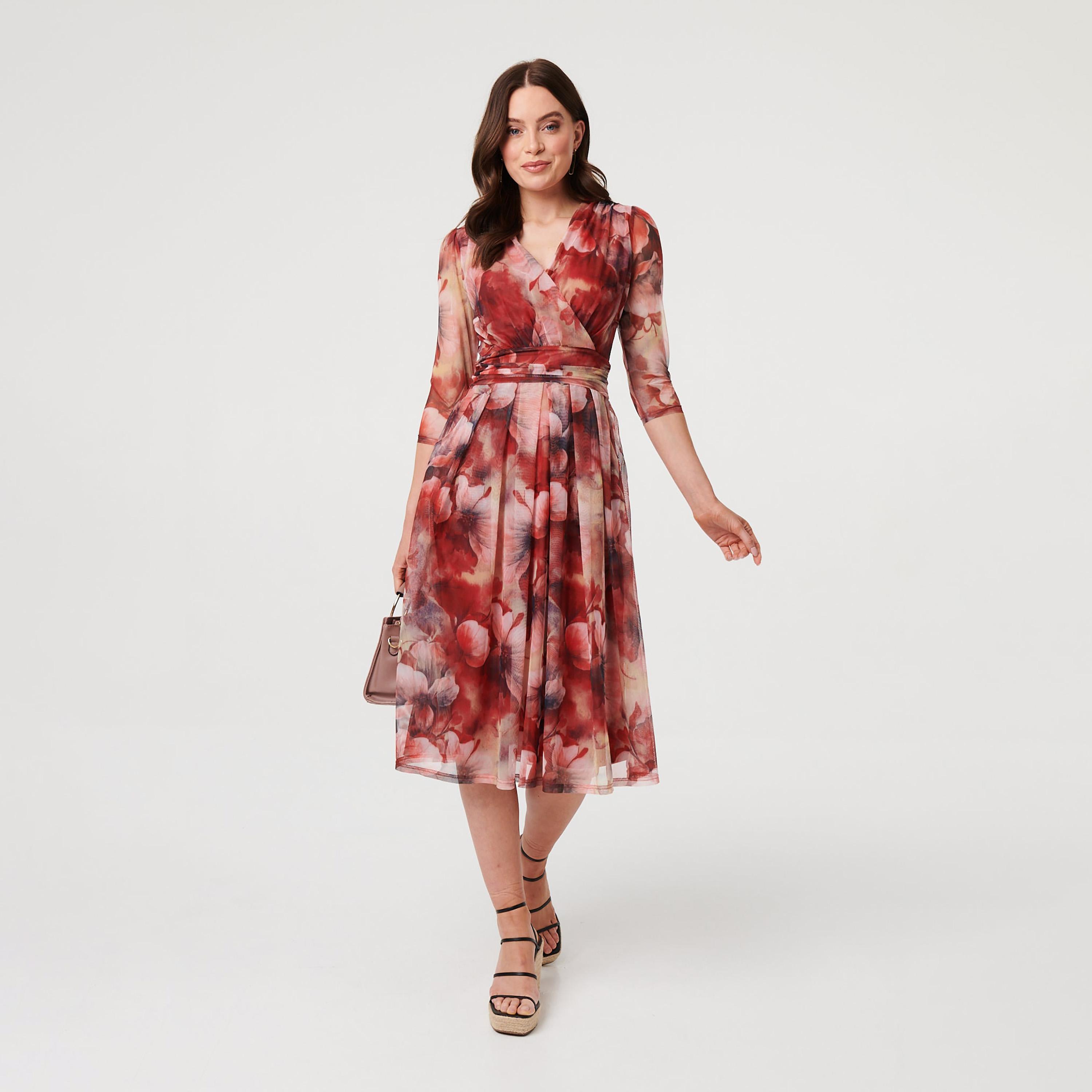 Izabel London Multicolour Abstract Print Surplice Neck Pleated Women's Midi Dress-women-clothing-dresses-image-1