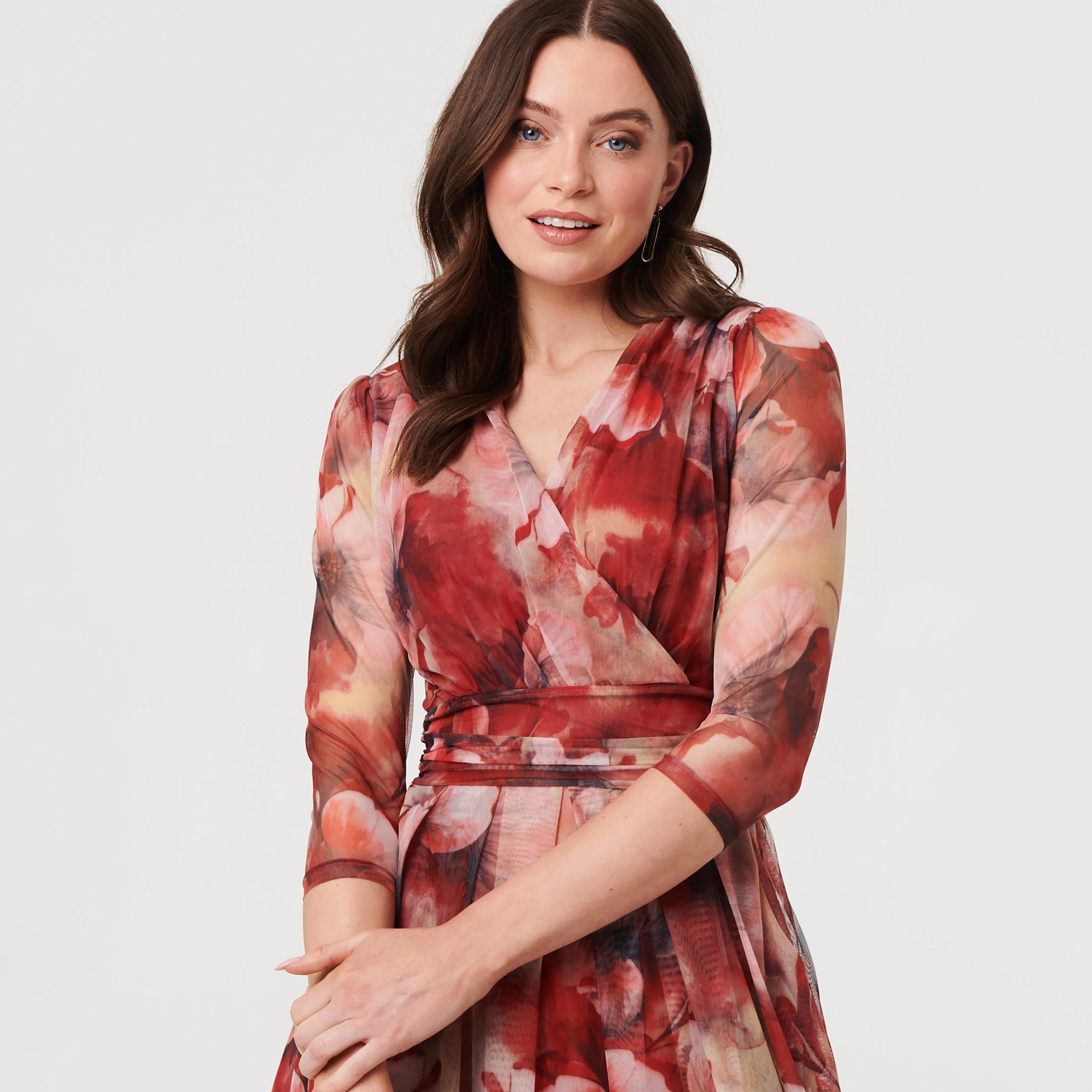 Izabel London Multicolour Abstract Print Surplice Neck Pleated Women's Midi Dress-women-clothing-dresses-image-2