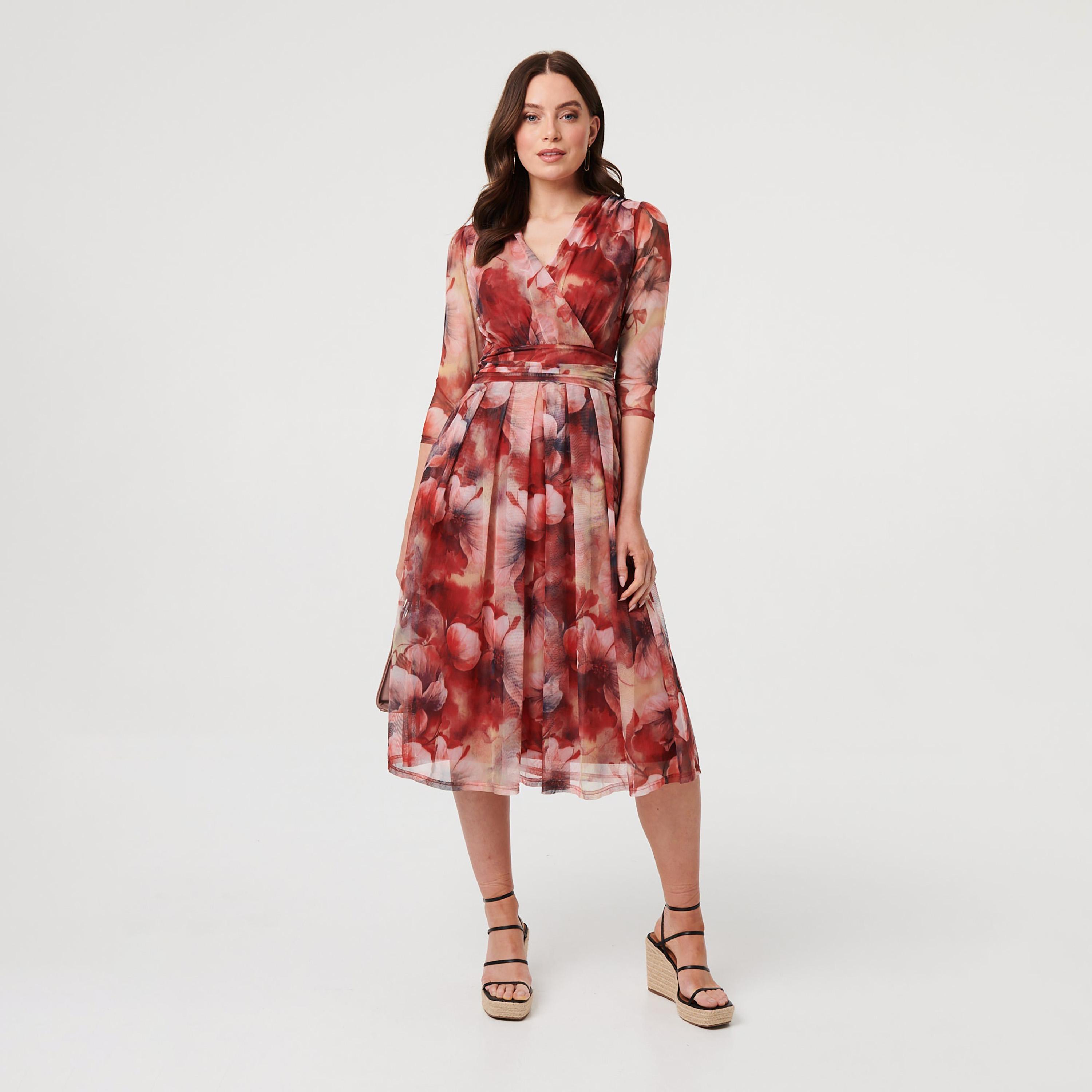 Izabel London Multicolour Abstract Print Surplice Neck Pleated Women's Midi Dress-women-clothing-dresses-image-3