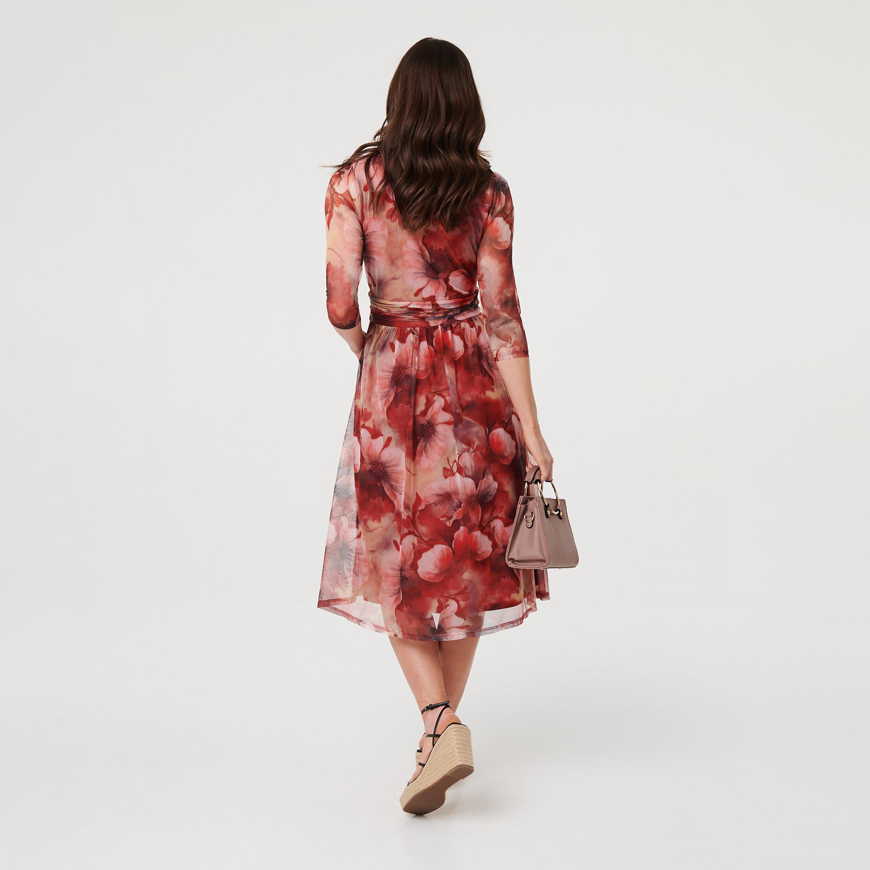 Izabel London Multicolour Abstract Print Surplice Neck Pleated Women's Midi Dress-women-clothing-dresses-image-4