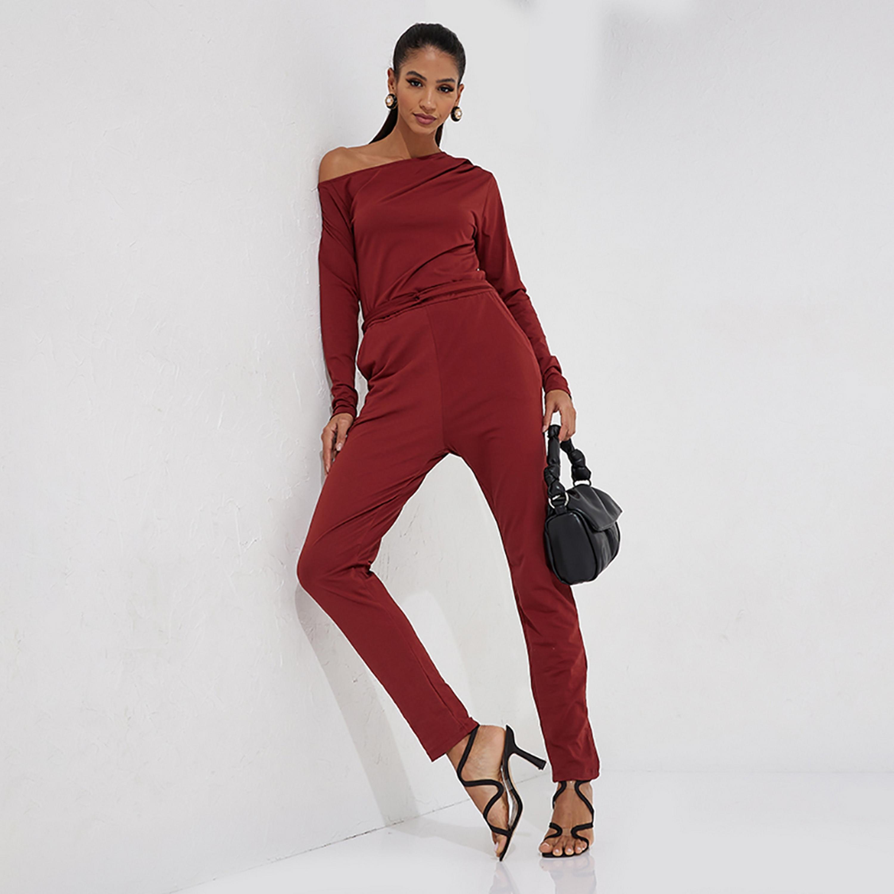 Little Mistress Red Plain One Shoulder Women's Jumpsuit-women-clothing-jumpsuits-image-3
