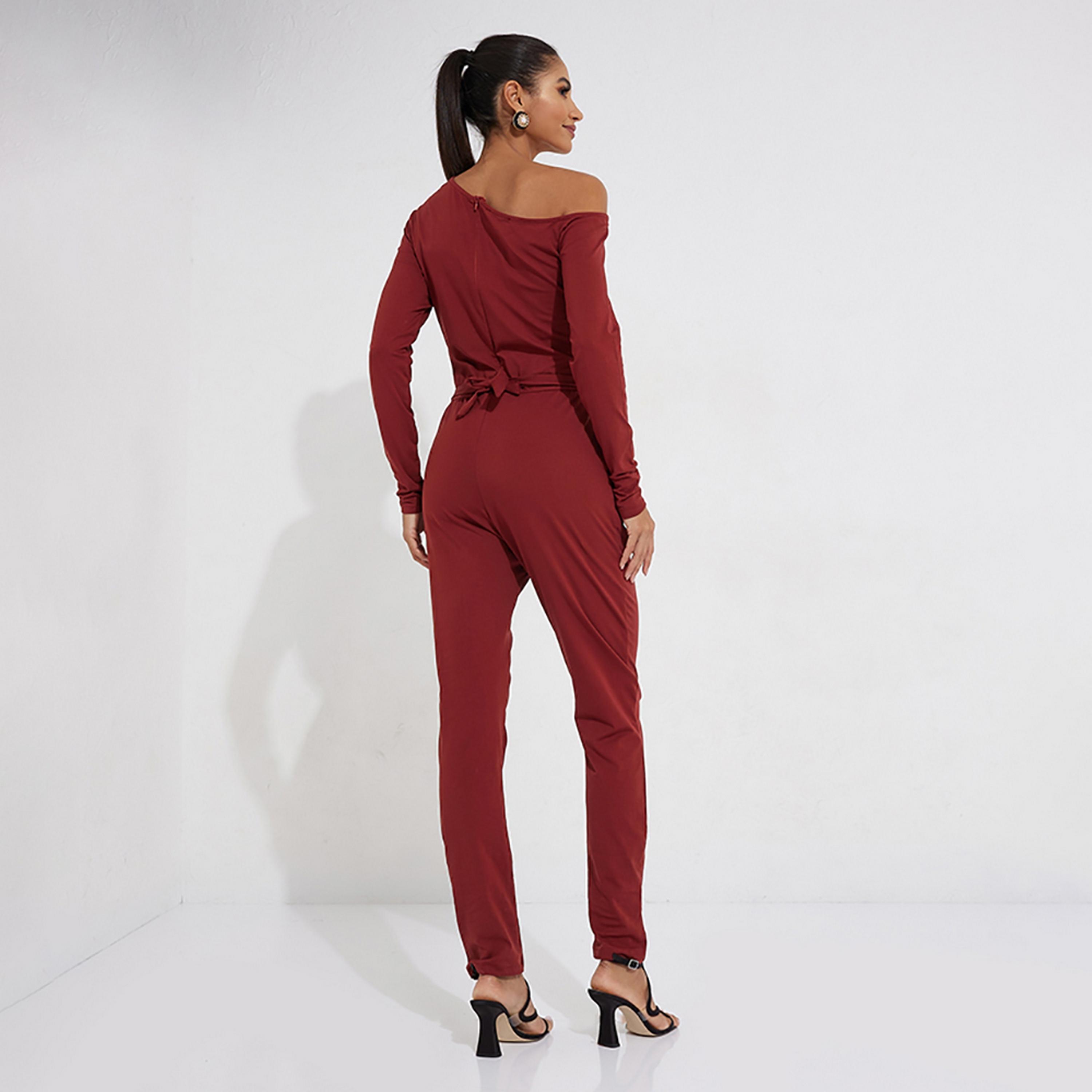 Little Mistress Red Plain One Shoulder Women's Jumpsuit-women-clothing-jumpsuits-image-4