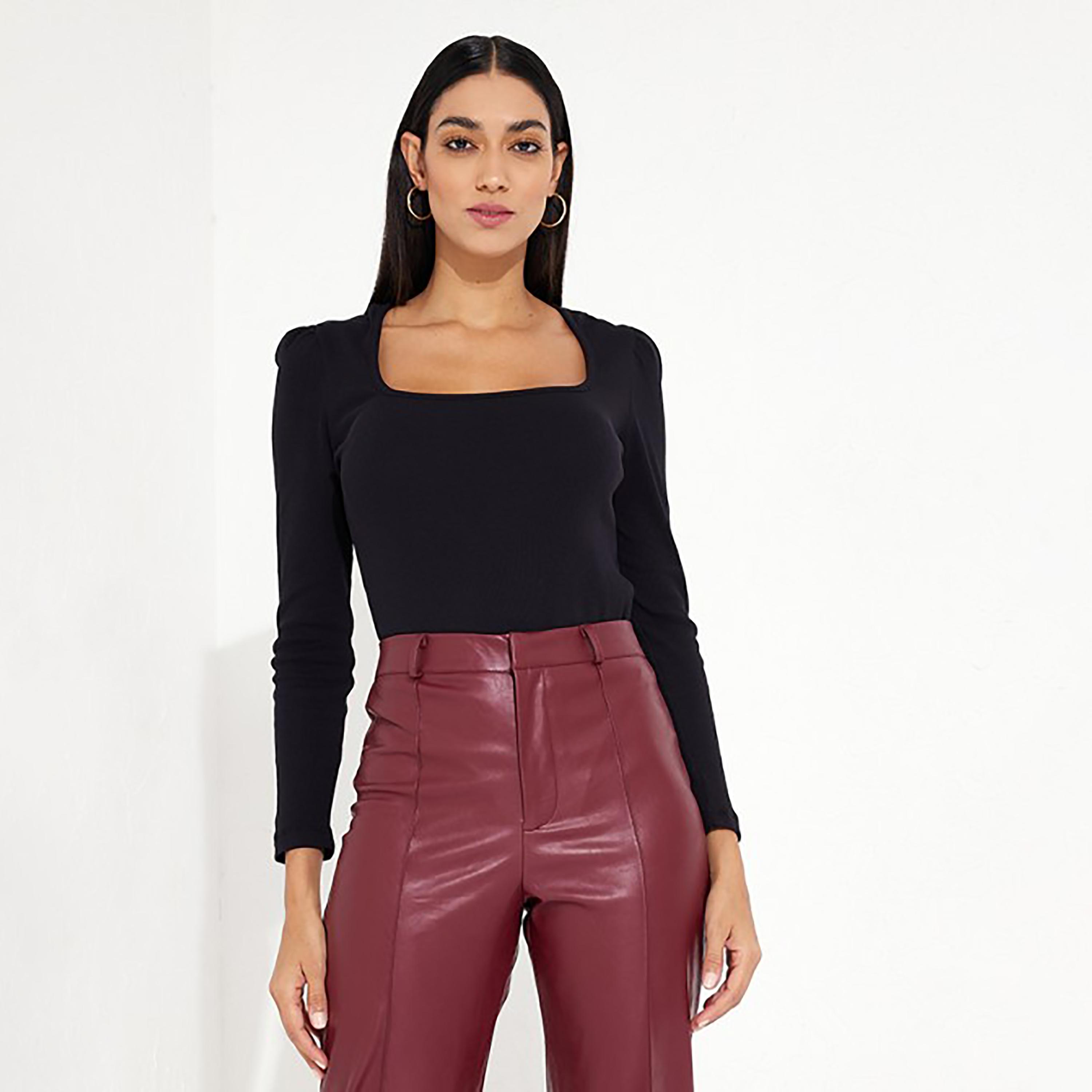Little Mistress Black Plain Square Neck Long Sleeves Women's Top-women-clothing-shirtsandblouses-blouses-image-1