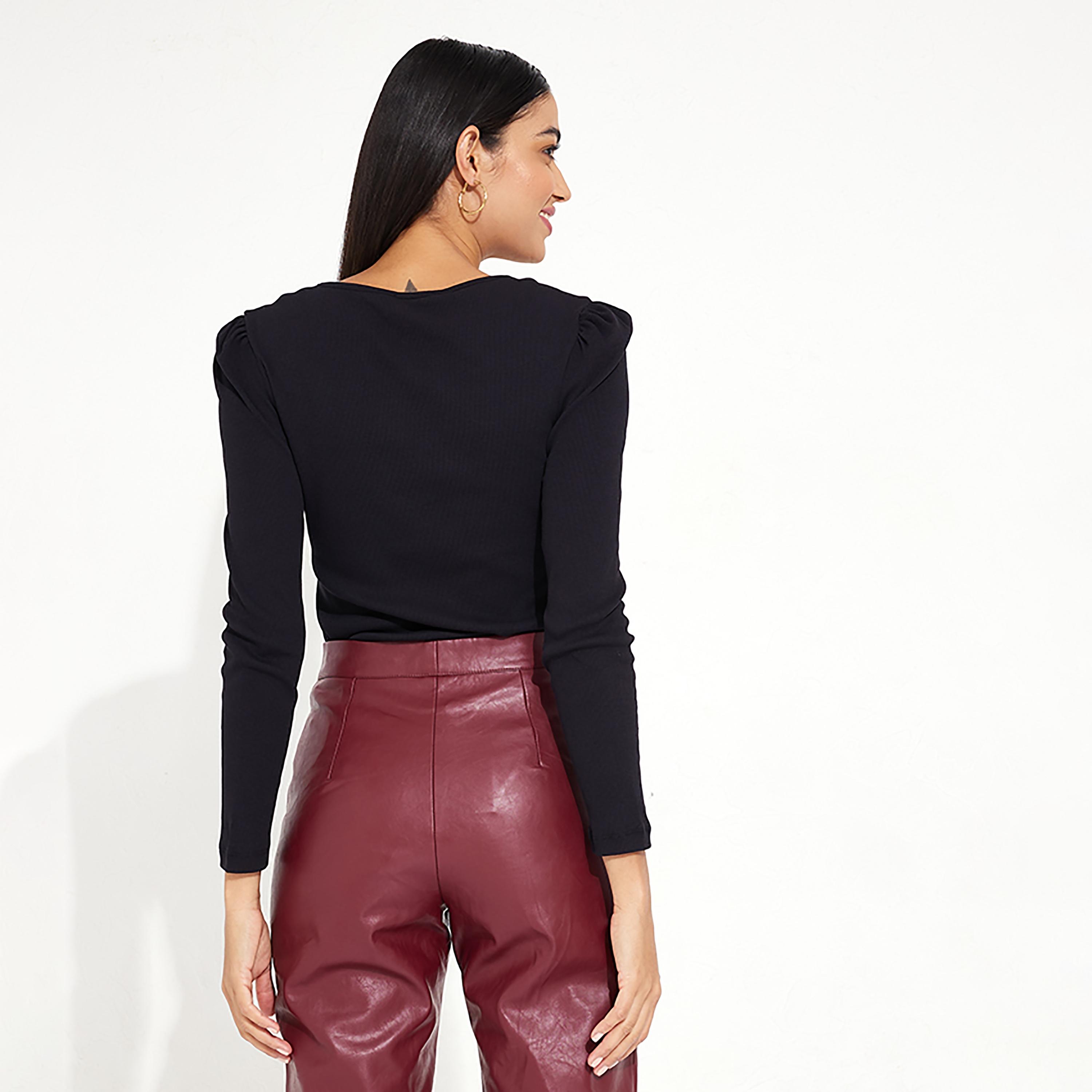 Little Mistress Black Plain Square Neck Long Sleeves Women's Top-women-clothing-shirtsandblouses-blouses-image-4