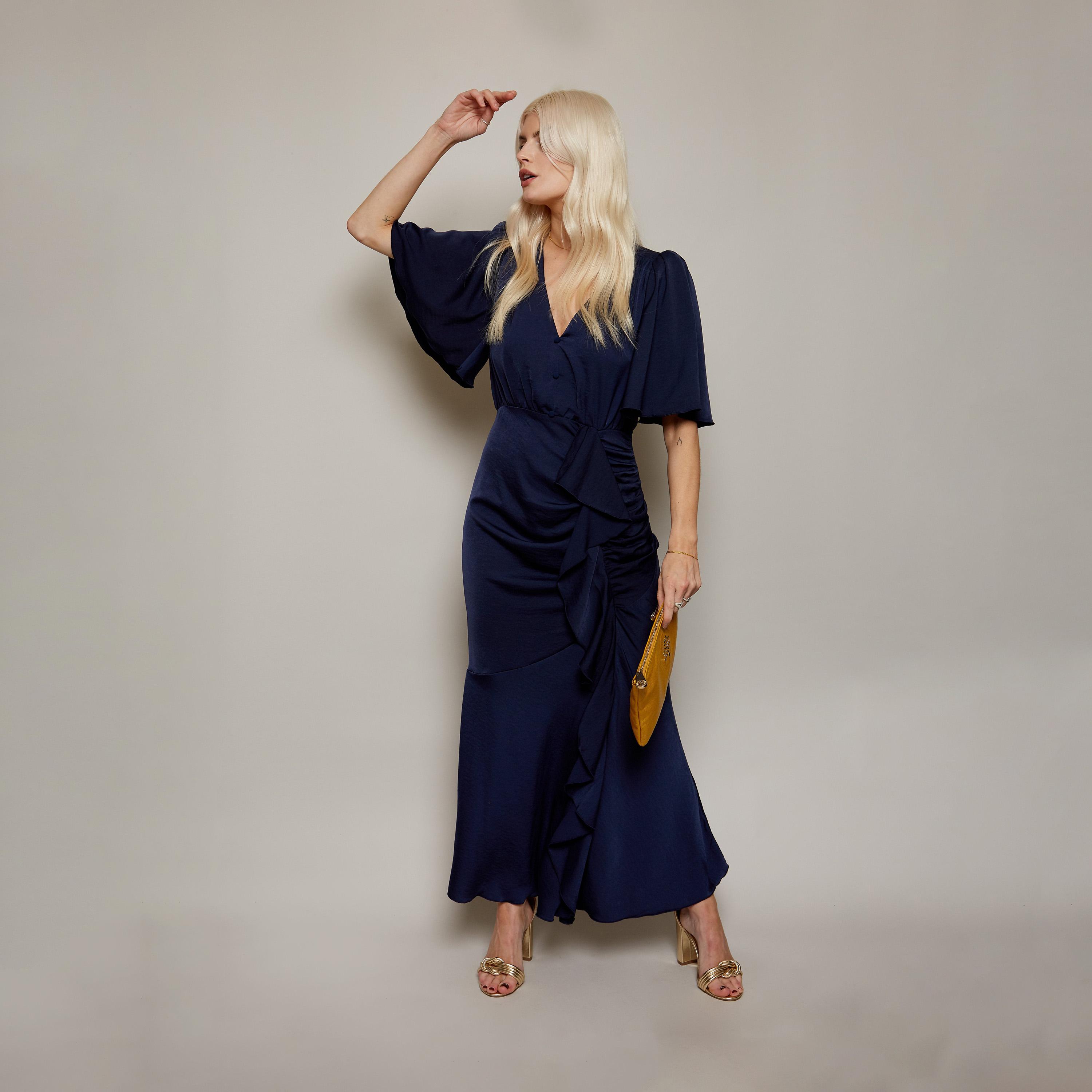 Little Mistress Ruffle V-neck Ruffle Maxi Dress with Short Sleeves-women-clothing-dresses-image-1
