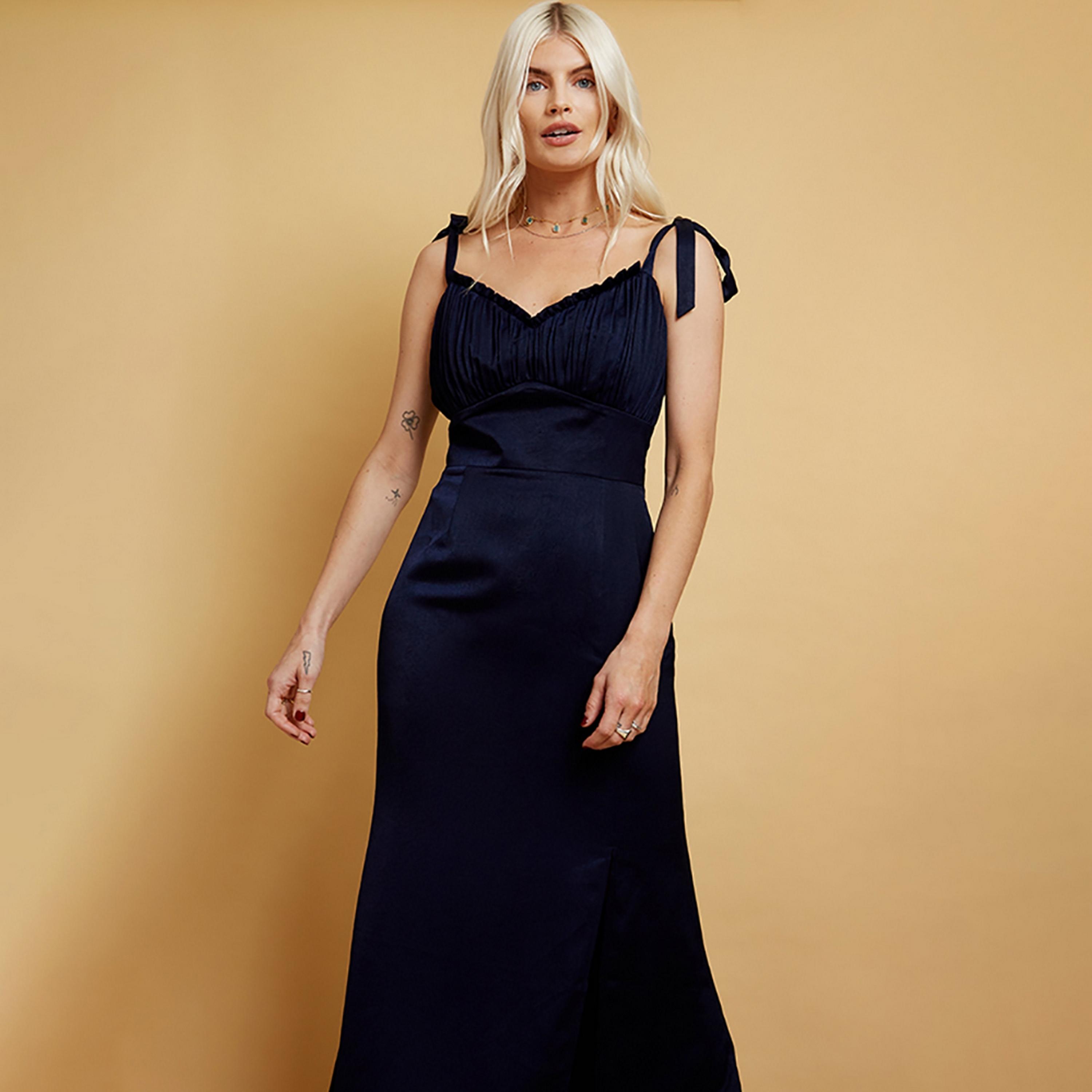 Little Mistress Navy Blue Plain Shoulder Straps Fit and Flared Maxi Women's Dress-women-clothing-dresses-image-2