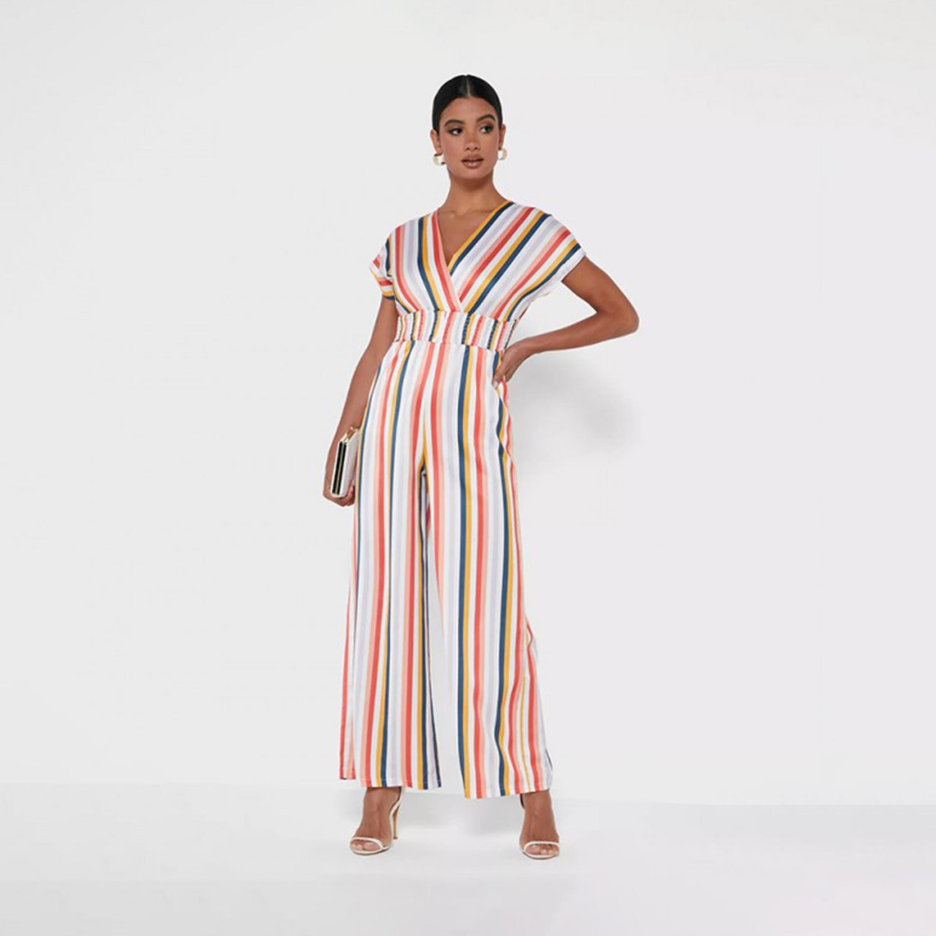 جمبسوت مخطط بياقة على شكل فى وأرجل واسعة من ليتل ميستريس-women-clothing-jumpsuits-image-1