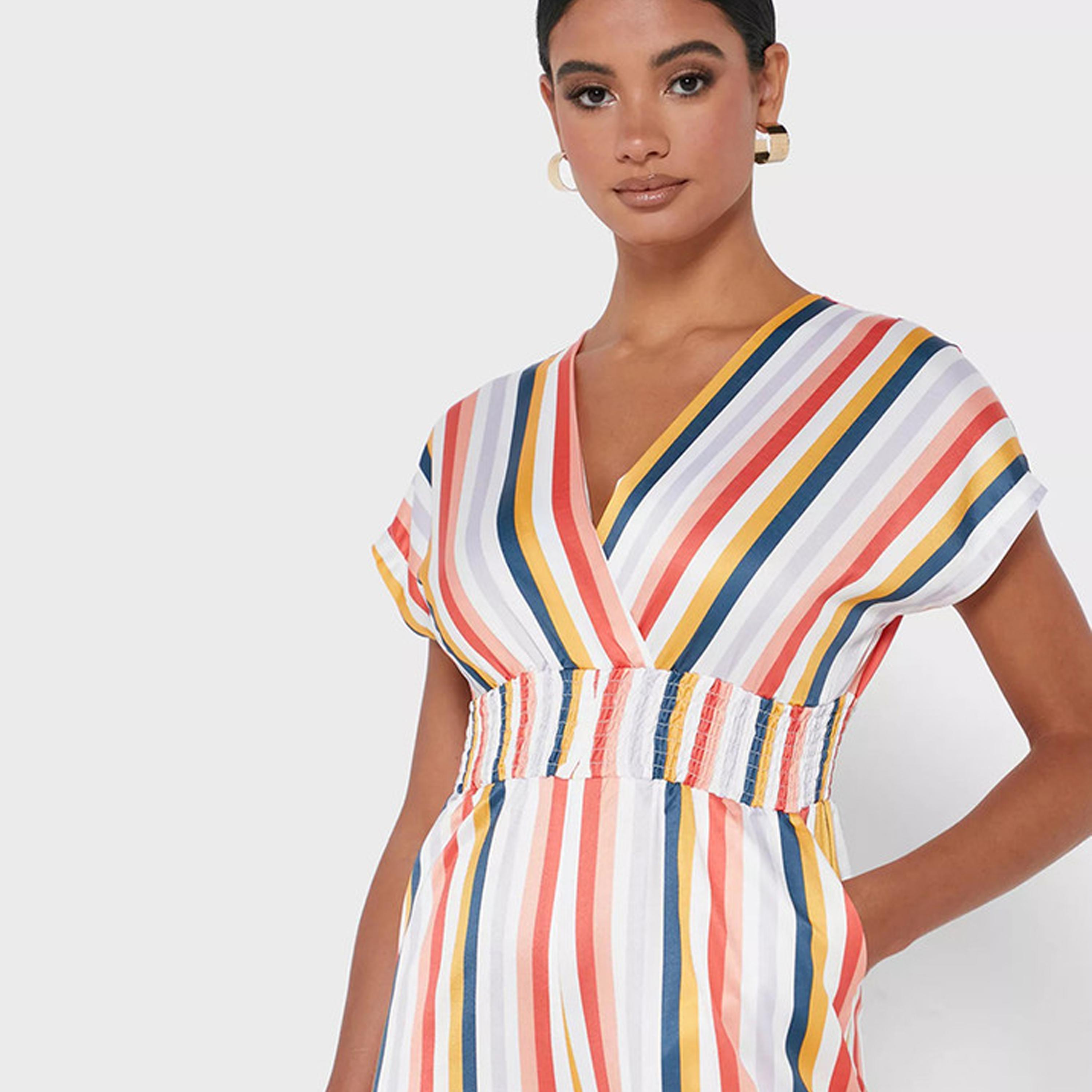 جمبسوت مخطط بياقة على شكل فى وأرجل واسعة من ليتل ميستريس-women-clothing-jumpsuits-image-2