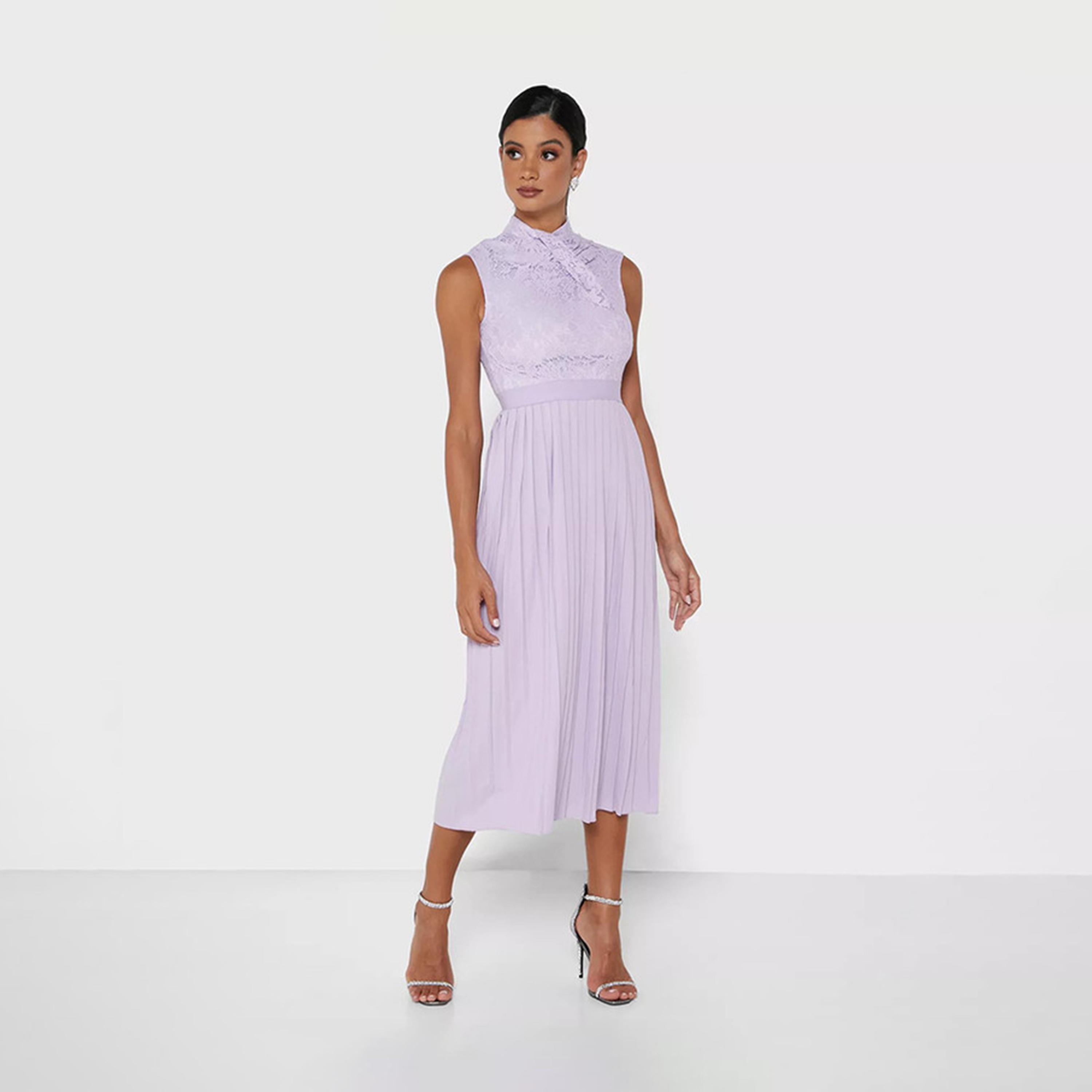 فستان ميدي بطيات ورقبة عالية من الدانتيل باللون الأرجواني من ليتل ميسترس -women-clothing-dresses-image-1