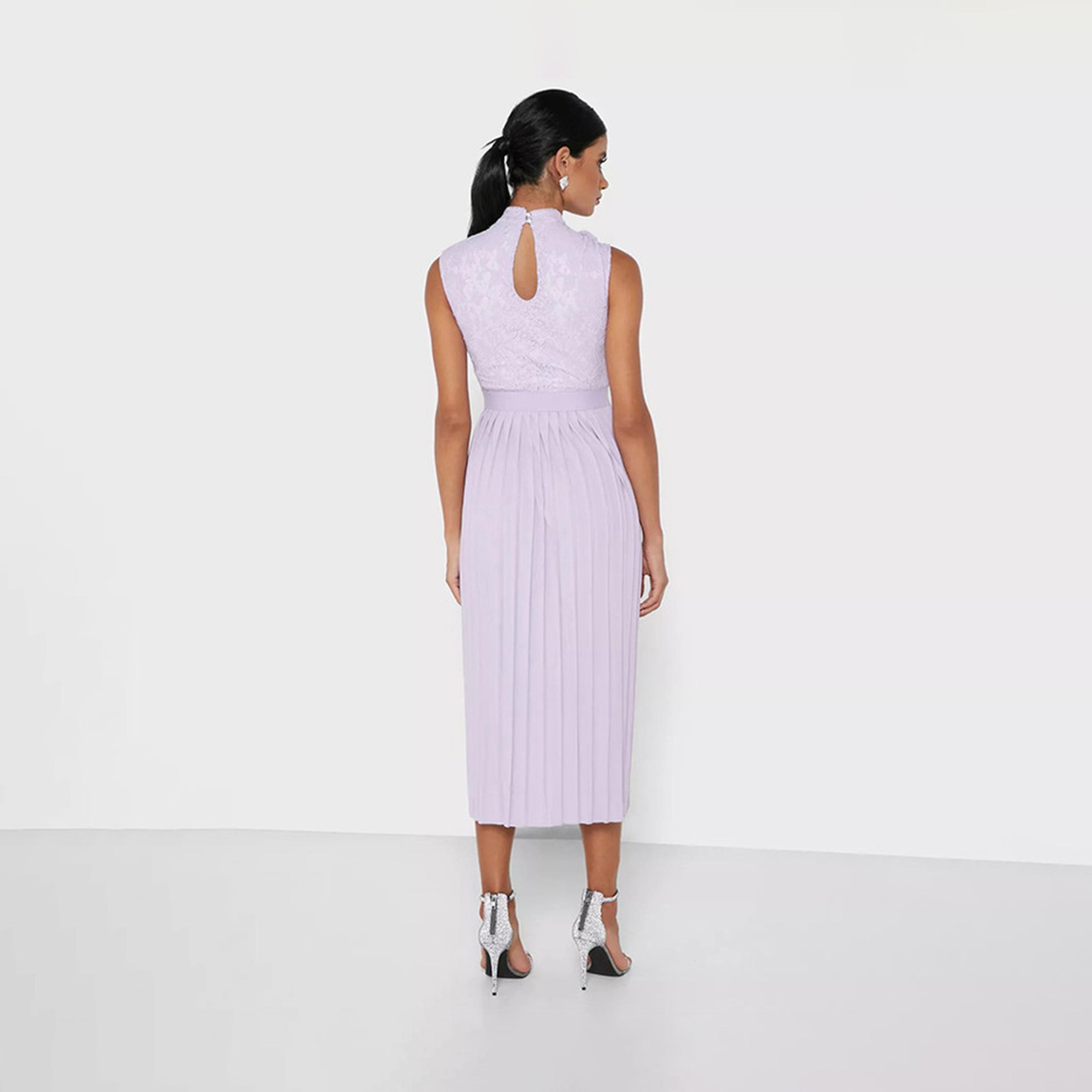 فستان ميدي بطيات ورقبة عالية من الدانتيل باللون الأرجواني من ليتل ميسترس -women-clothing-dresses-image-3