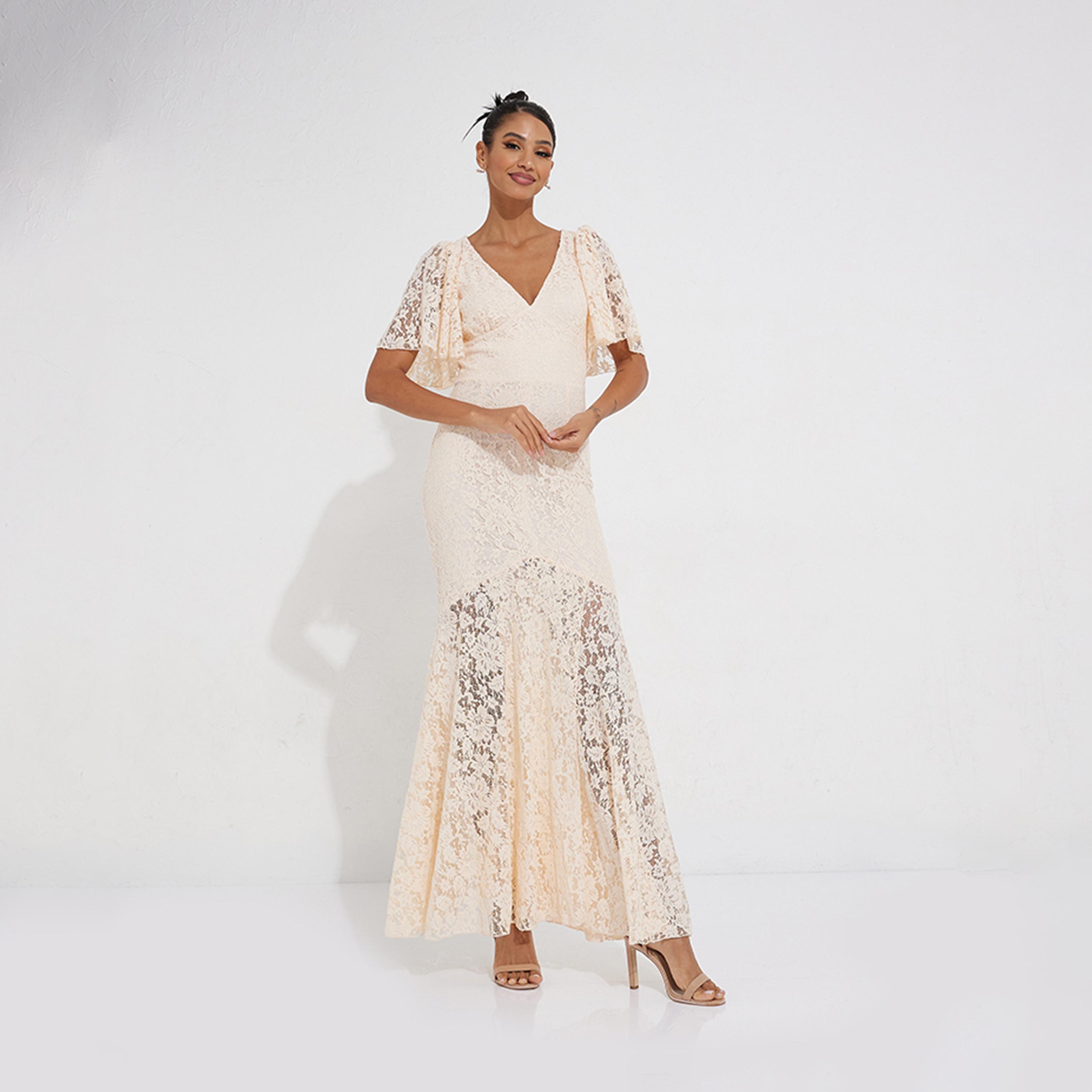 Little Mistress Lace V-neck A-line Maxi Dress with Short Sleeves-women-clothing-dresses-image-1