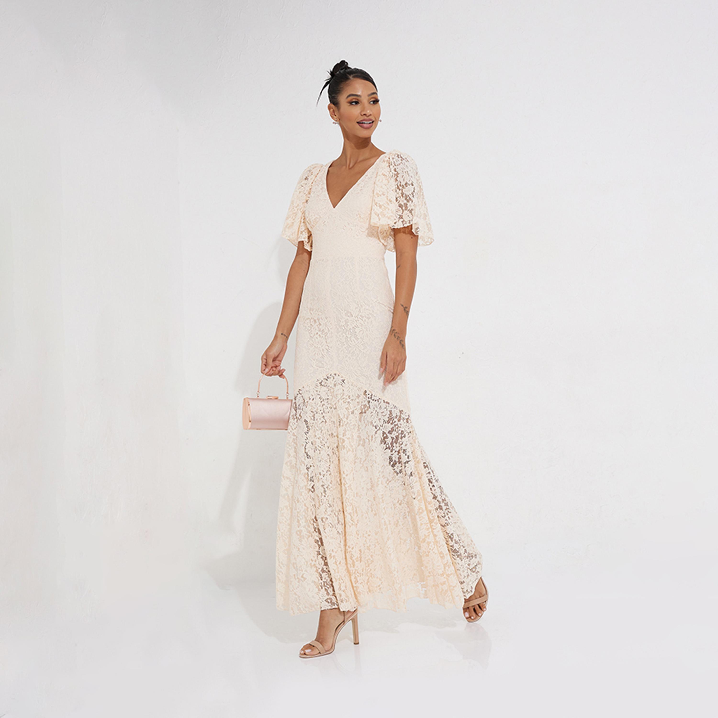 Little Mistress Lace V-neck A-line Maxi Dress with Short Sleeves-women-clothing-dresses-image-2