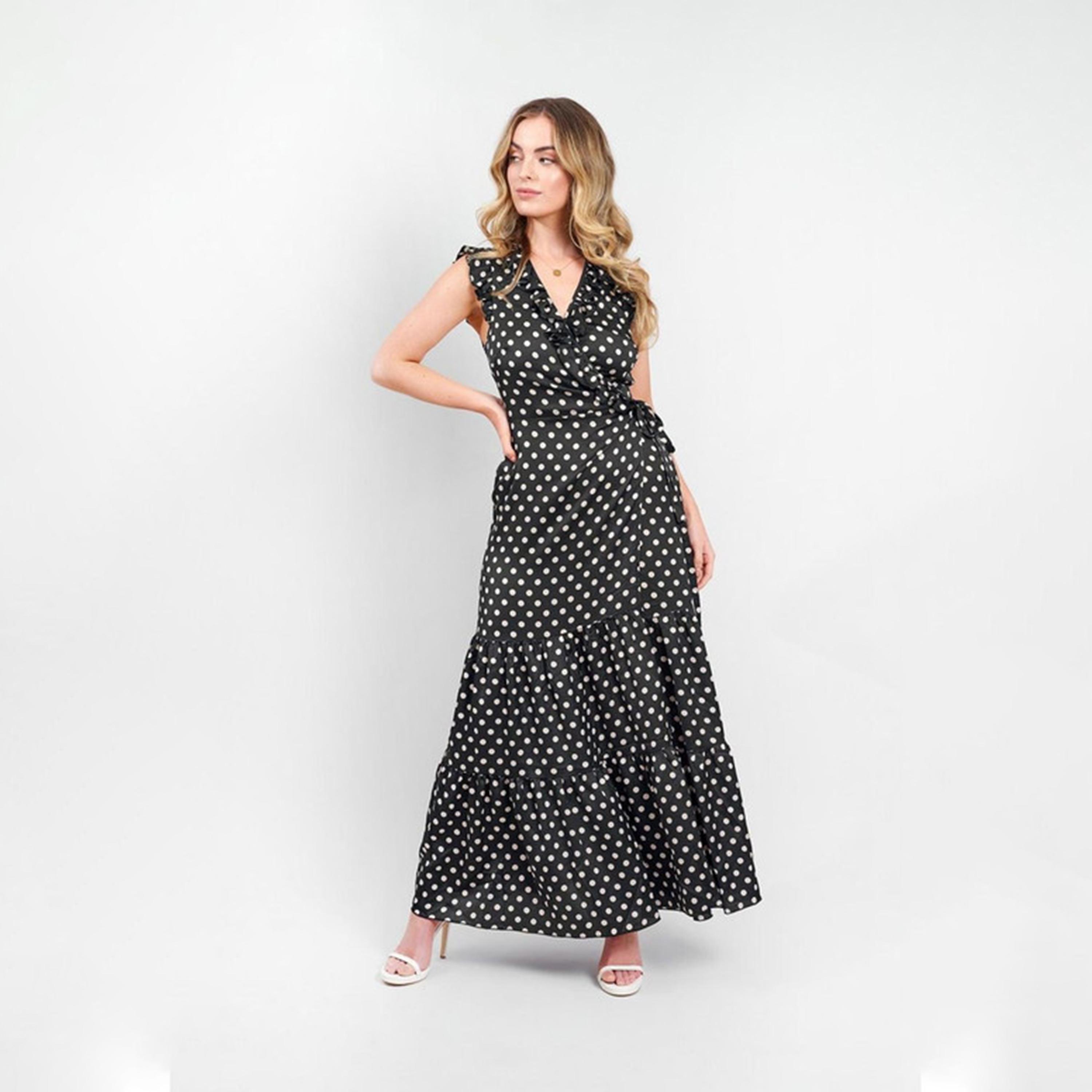 ليتل مسترس- فستان ماكسي ملفوف منقط ياقة على شكل V -women-clothing-dresses-image-3