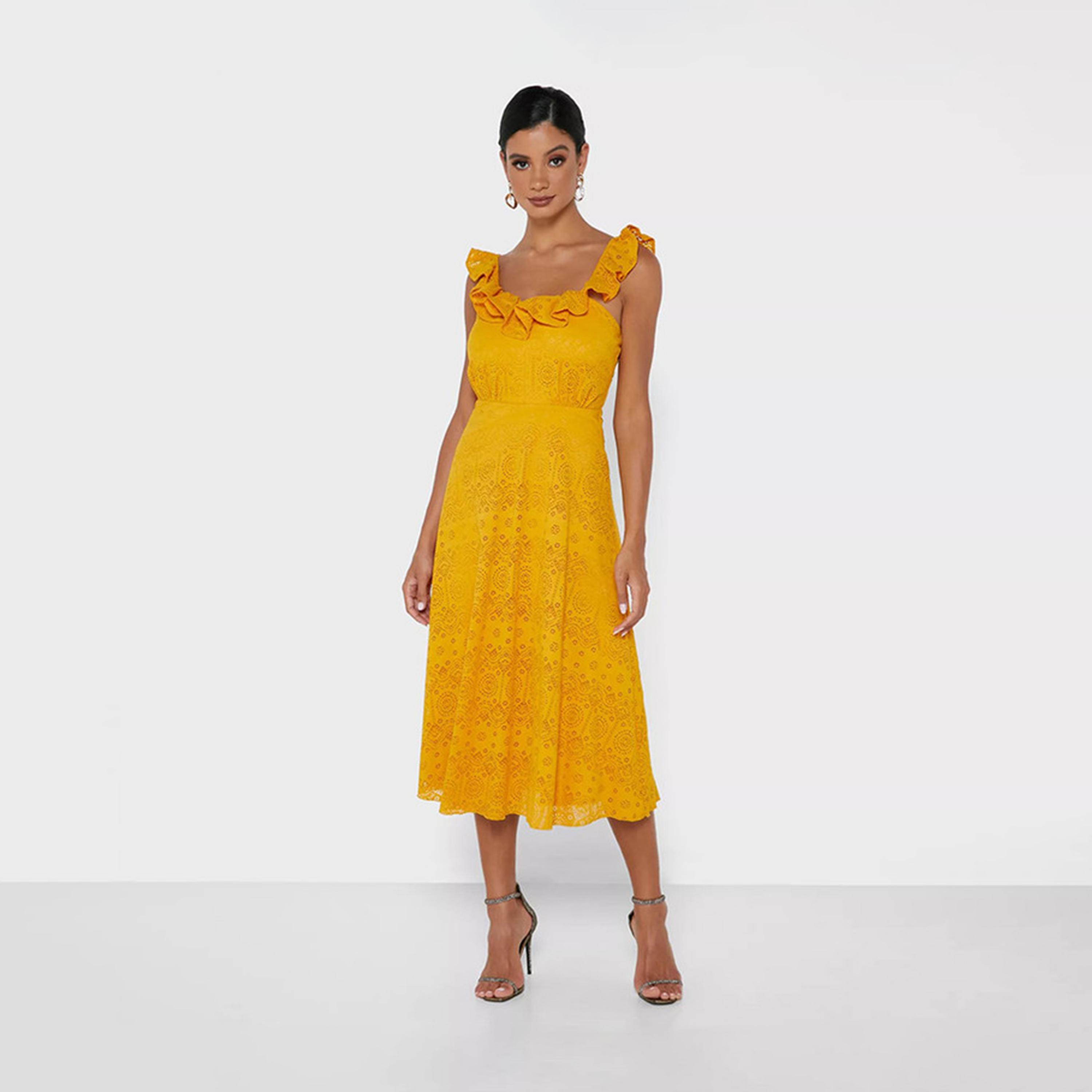 Buy Women s Little Mistress Yellow Schiffli Embroidered Midi Dress Online Centrepoint UAE