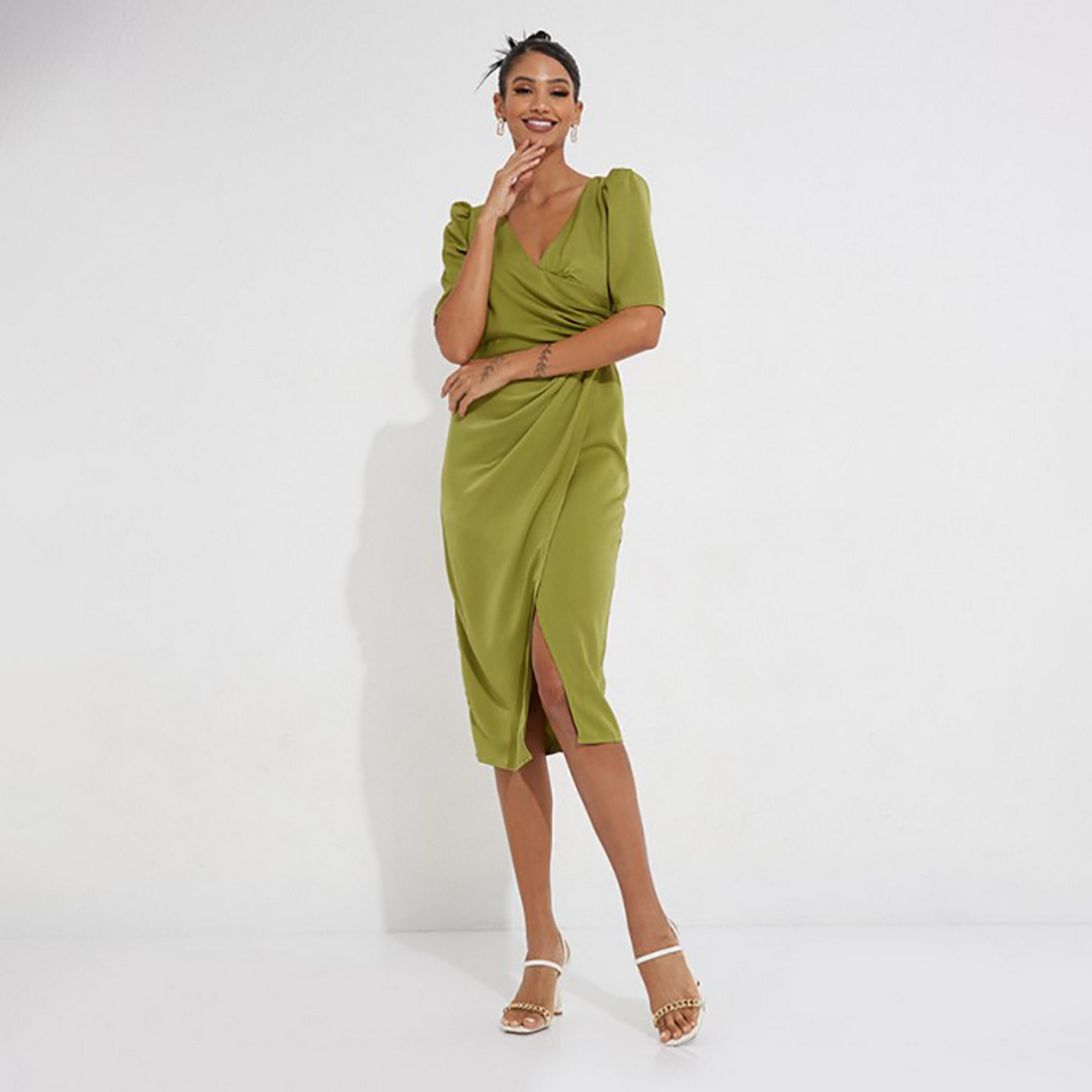 Little Mistress Green Plain Plunge Neck Wrap Midi Women's Dress-women-clothing-dresses-image-1