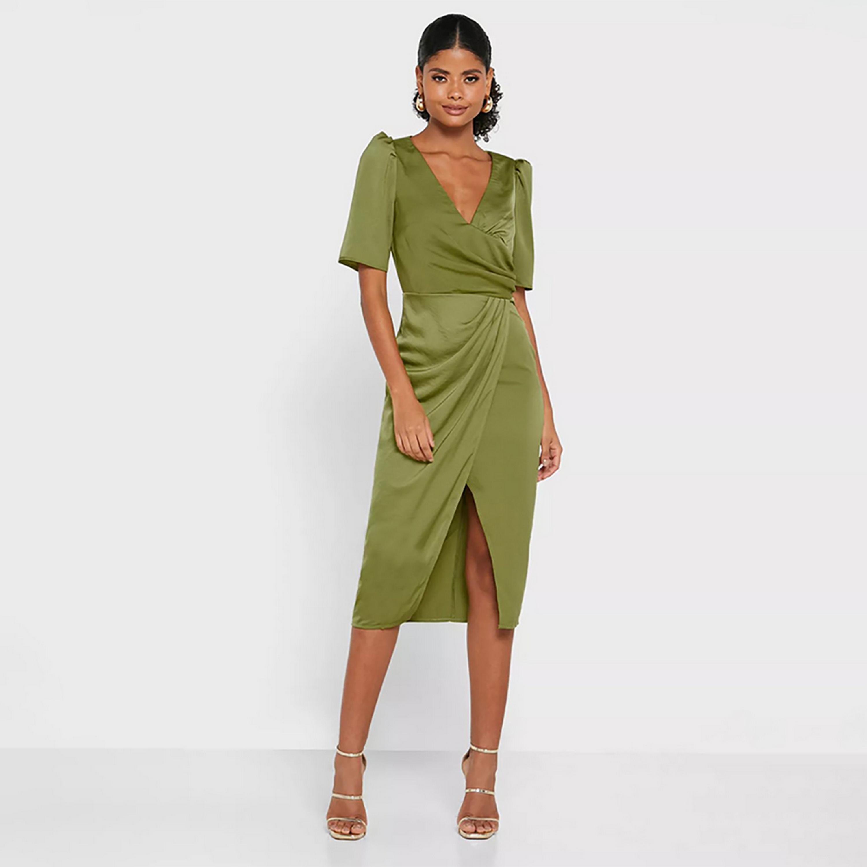 Little Mistress Green Plain Plunge Neck Wrap Midi Women's Dress-women-clothing-dresses-image-2
