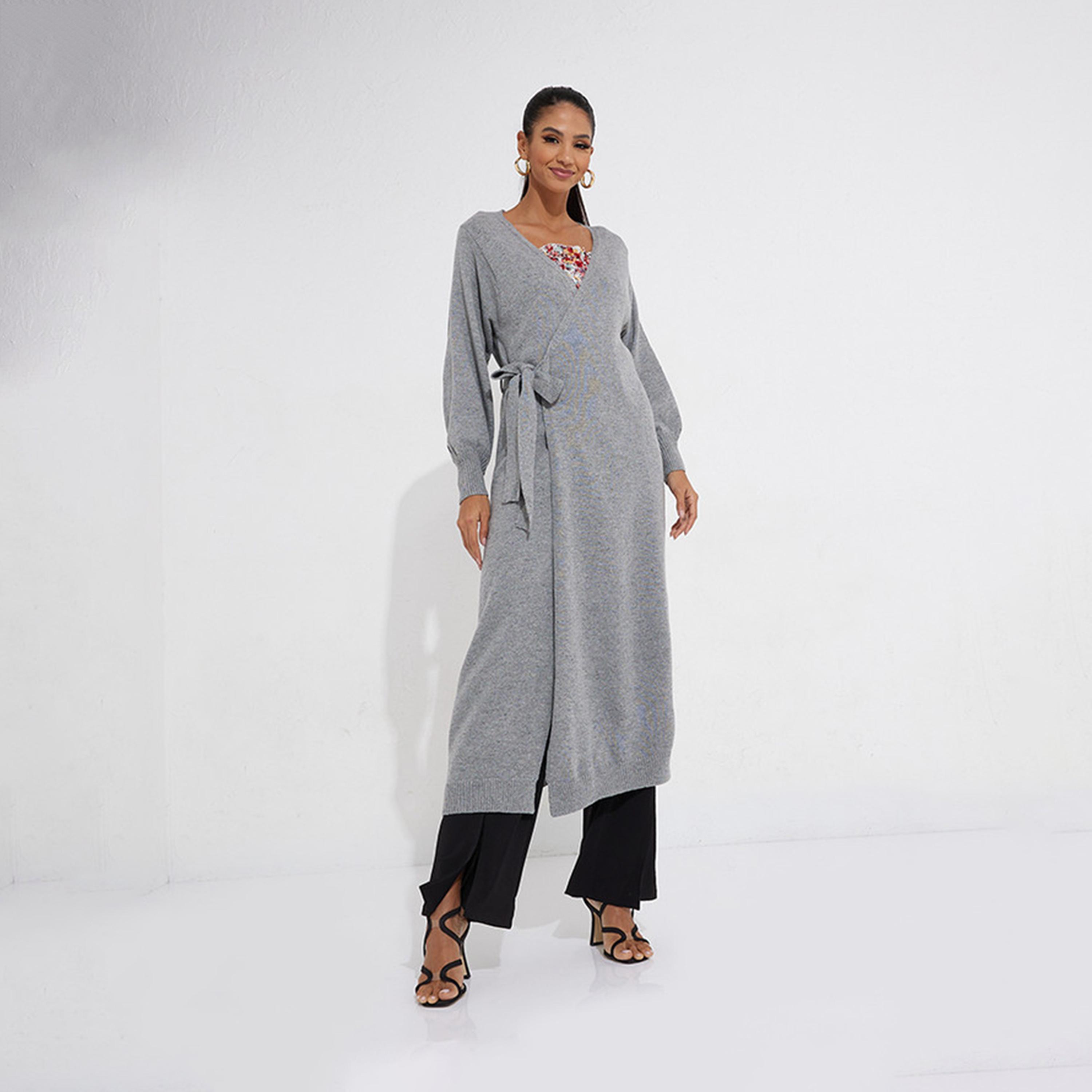 ليتل مسترس- فستان ملفوف ياقة على شكل V متوسط الطول أكمام طويلة-women-clothing-dresses-image-1